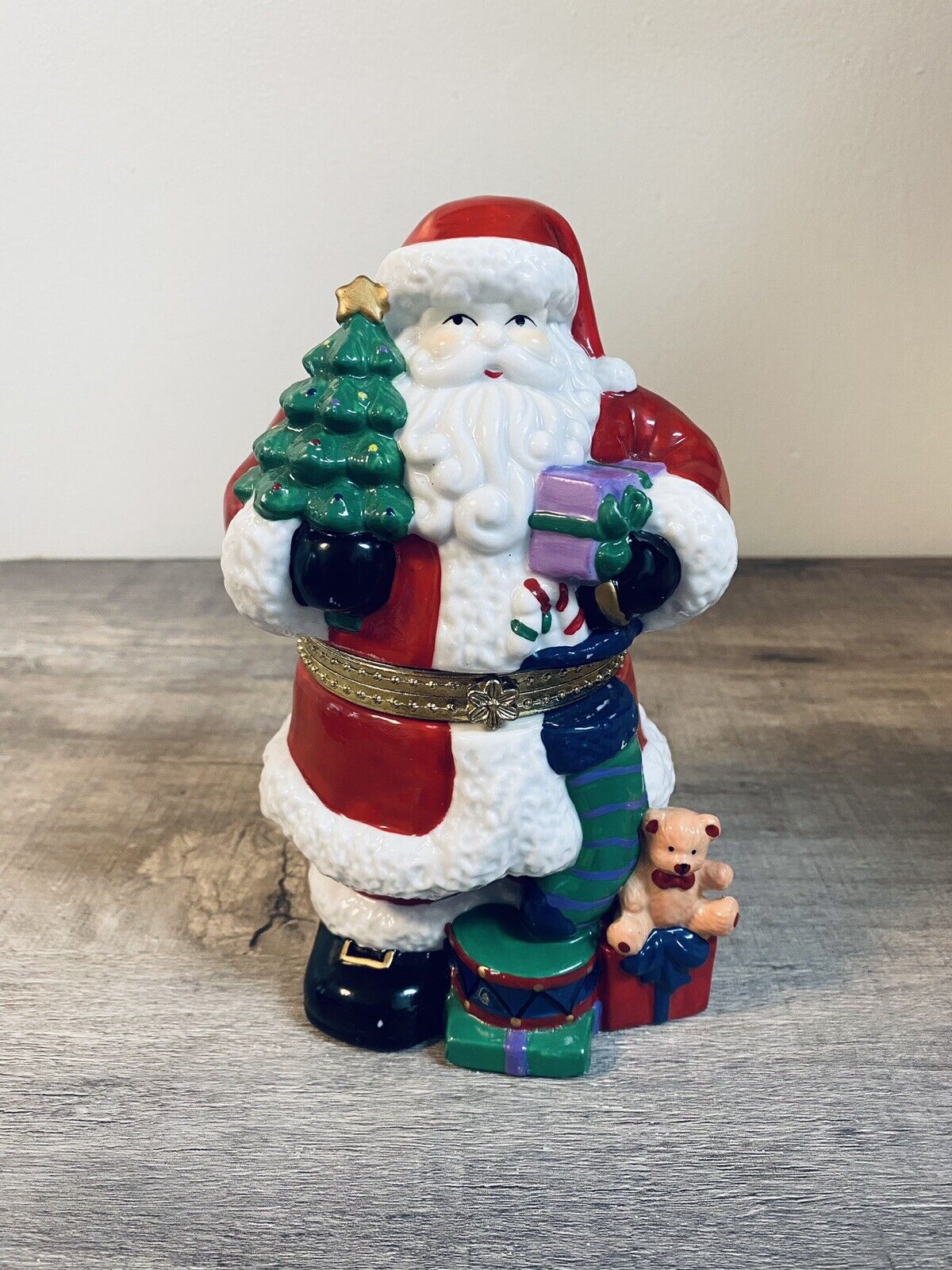 Vintage 1998 Porcelain Christmas Santa Claus 7 inch Hinged Trinket Box Figurine