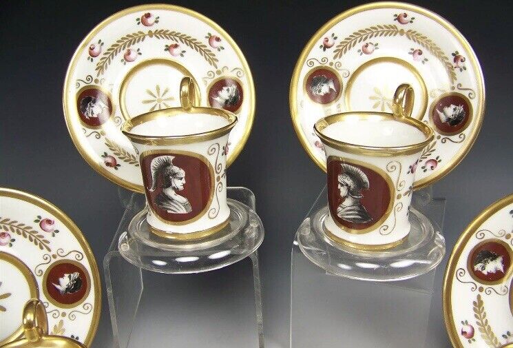 ANTIQUE SEVRES IMPERIAL ROMAN INTAGLIO PAINTED TEA CUPS & SAUCERS SET (8 Pieces)