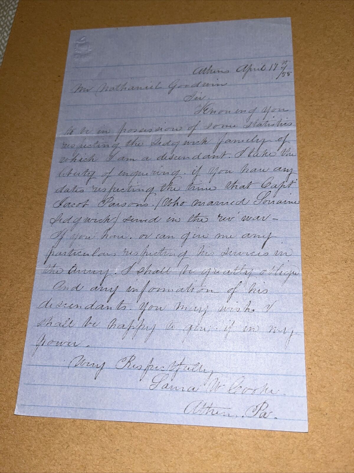 1855 Letter to Famous Hartford CT Genealogist on Captain Jacob Parsons Genealogy