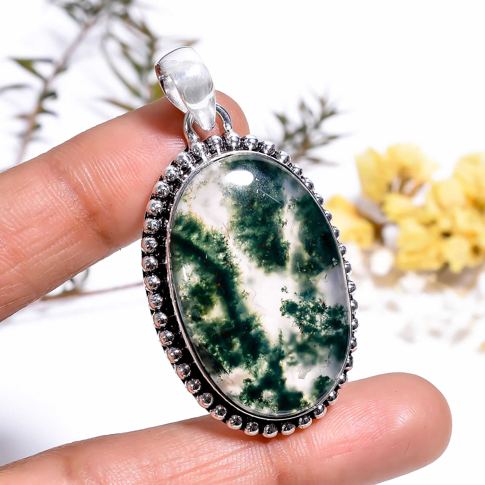Moss Agate Vintage Handmade Jewelry.925 Silver Plated Pendant 1.9\
