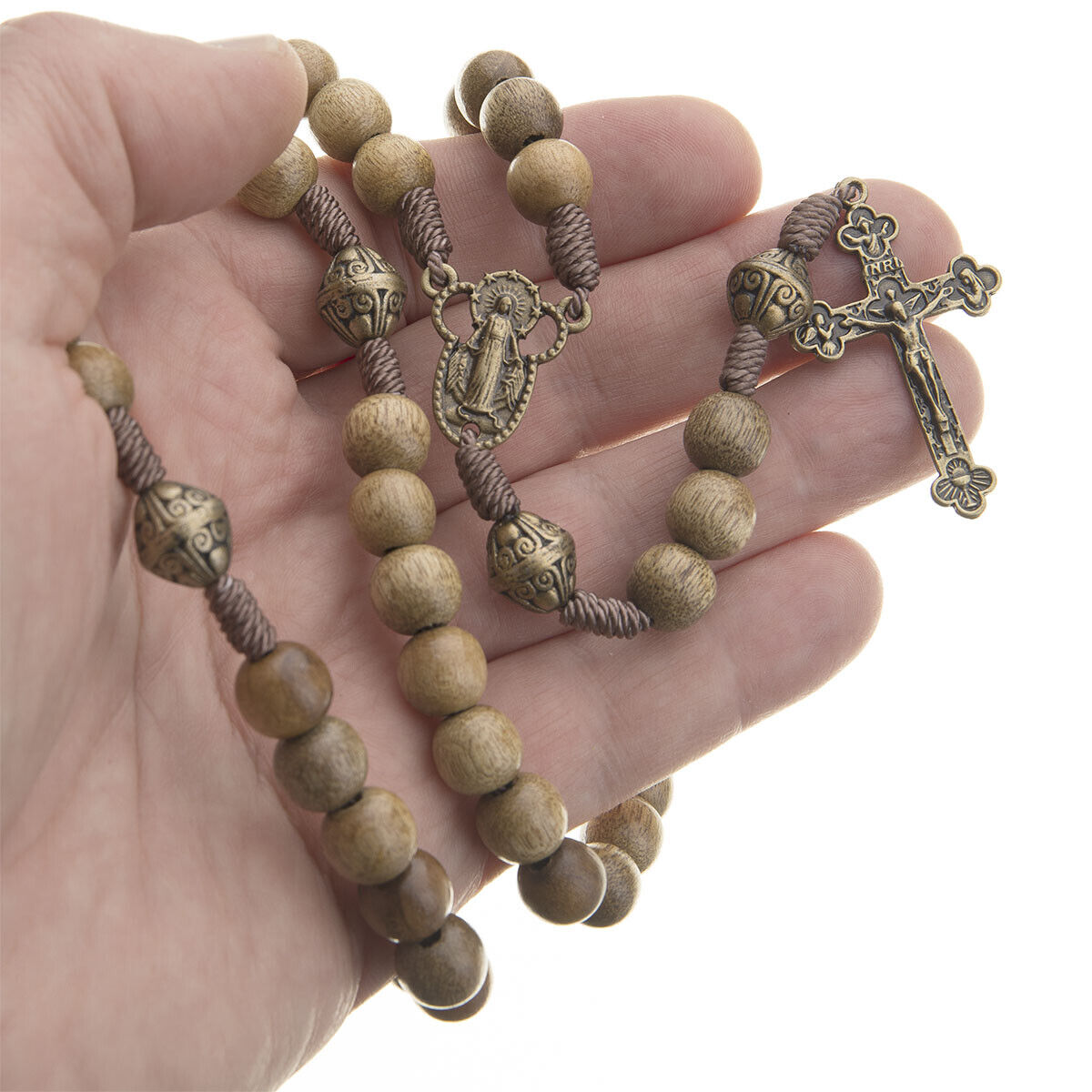 Catholic Rosary Beads Wood Strong Cord Miraculous Center Men Women Brown