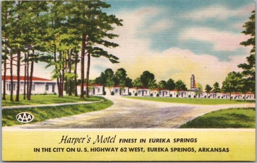 1950s Eureka Springs, Arkansas Postcard HARPER\'S MOTEL Highway 62 Roadside Linen