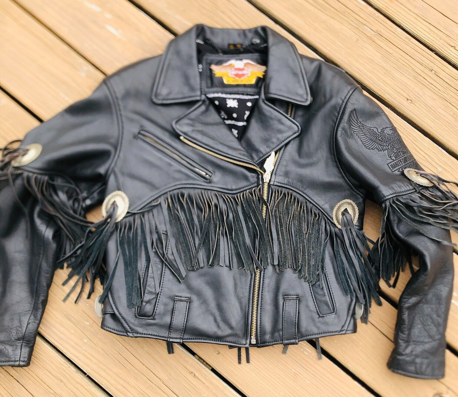 Vtg Harley Davidson Leather Jacket Womens Medium Black Fringe Concho Biker USA