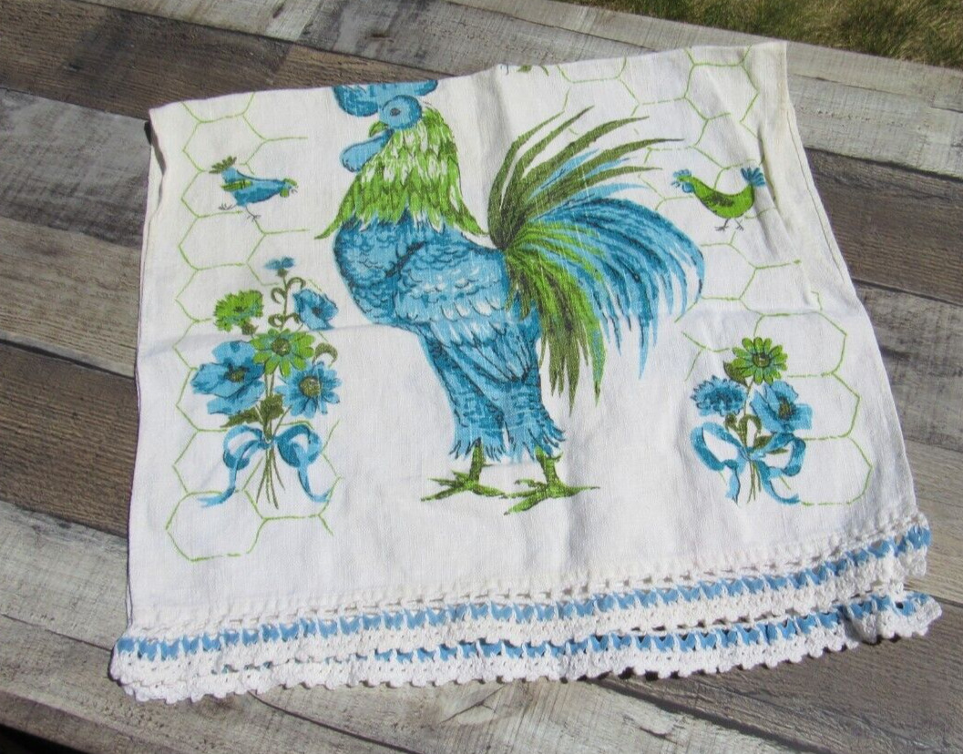 Vintage Linen Tea Kitchen Dish Towel Blue Green Rooster Hen Chicks 15x29\