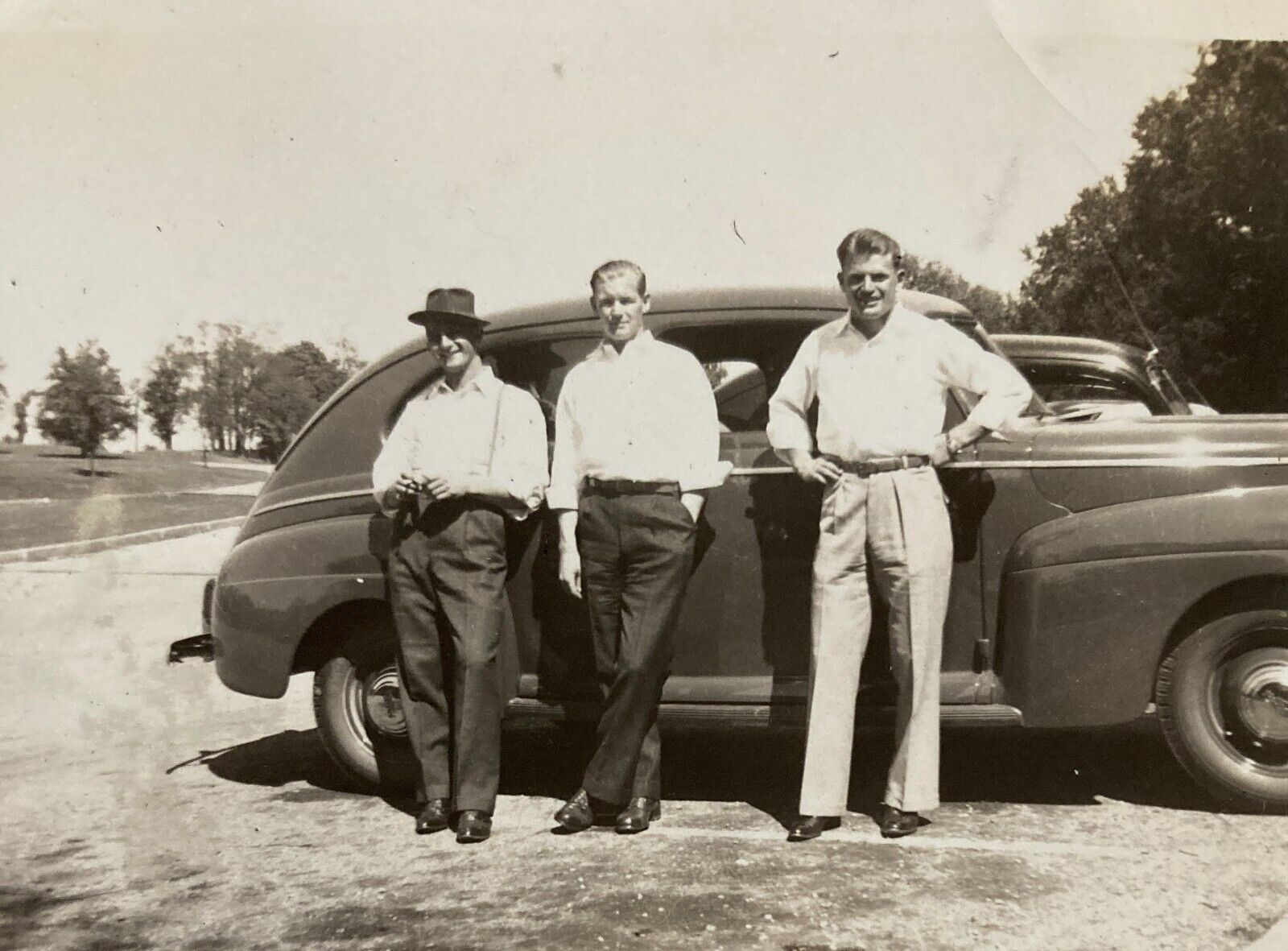 Vintage 1940s Dapper Young Men  by Ford Coupe Automobile