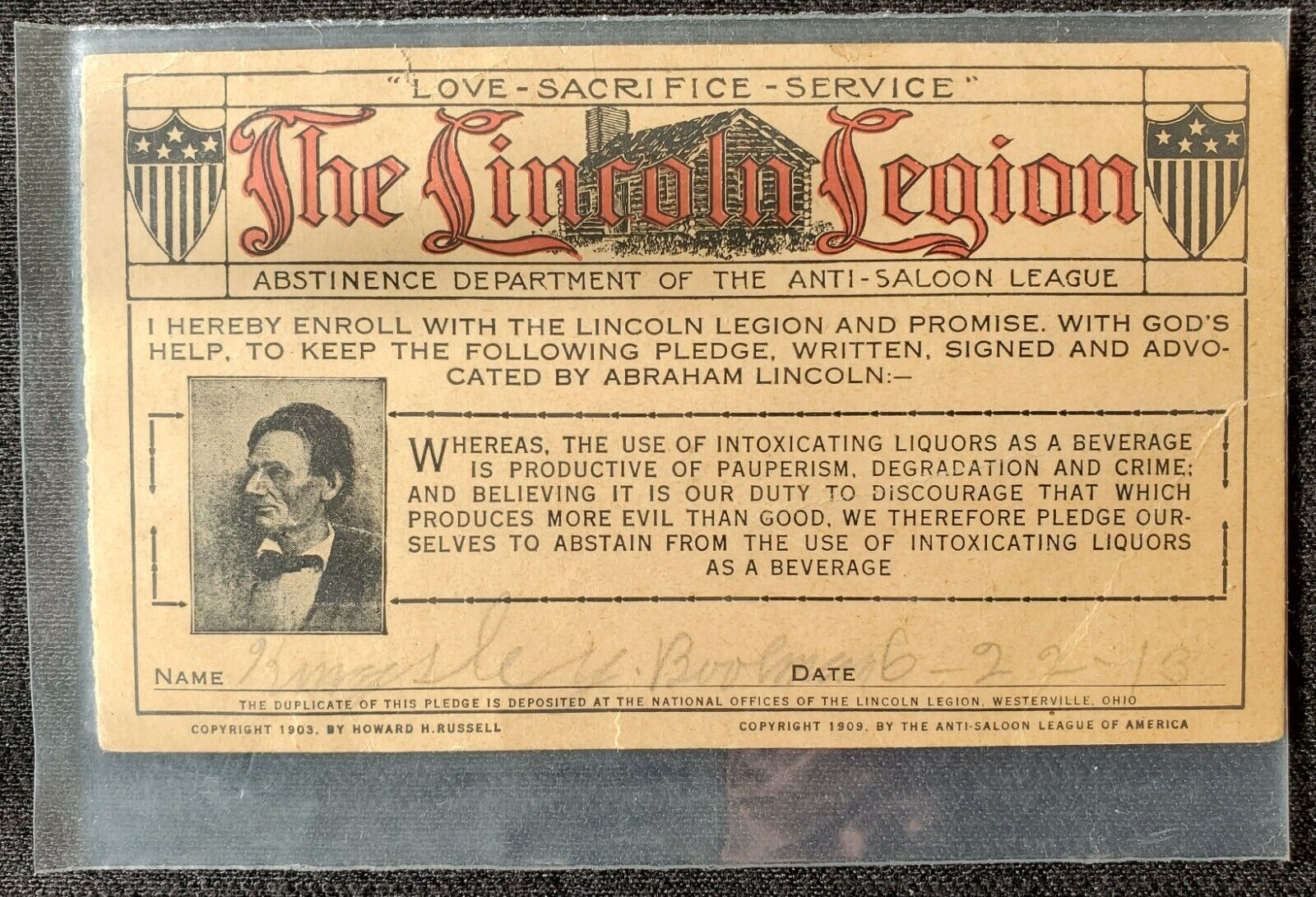 1913 US President Abraham Lincoln Legion Abstinence Anti-Saloon Certificate Ohio