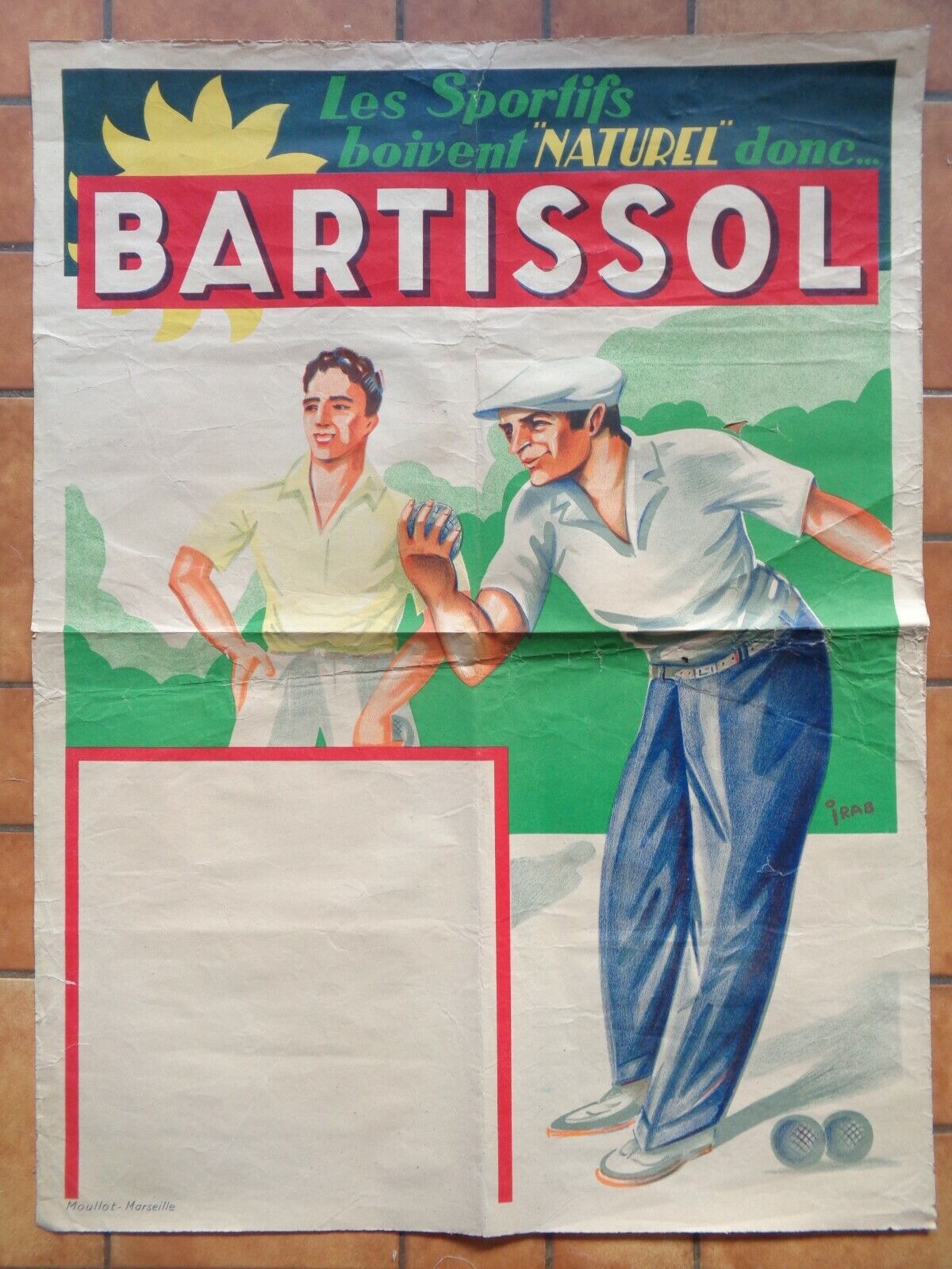 ANTIQUE PETANQUE BARTISSOL ADVERTISING POSTER Irab Marseille Alcohol Poster