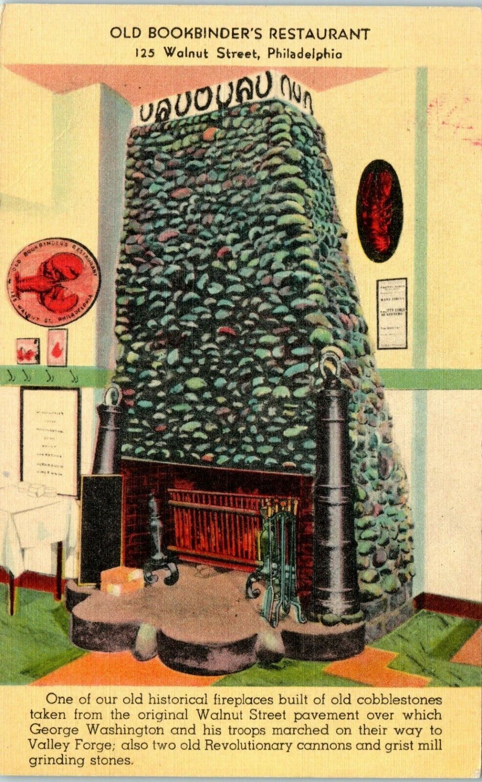 Postcard Old Original Bookbinder\'s, Philadelphia PA interior fireplace U93