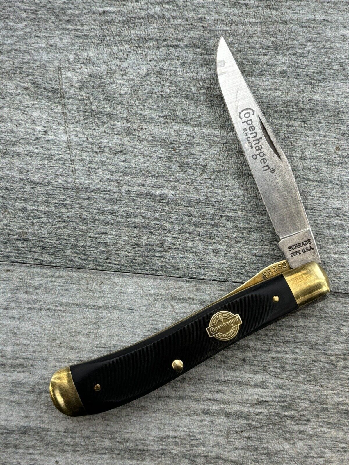 VTG Schrade Cope USA Copenhagen Folding Locking Pocket Knife Brass 4” Clip Point