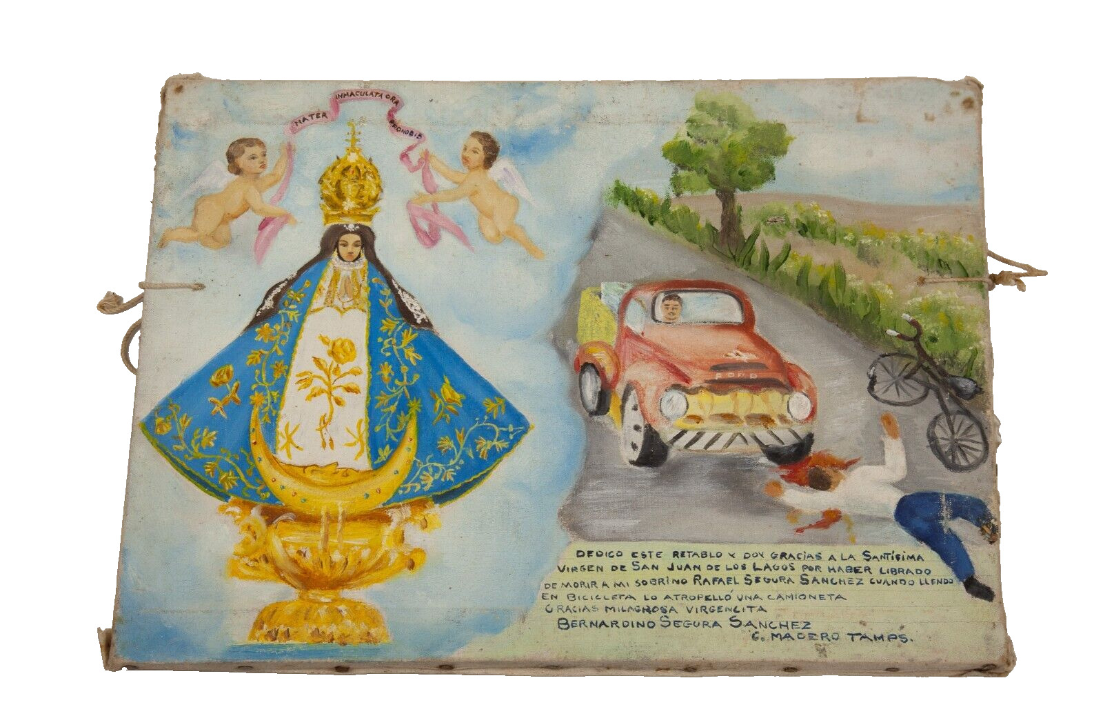 1950s Mexican Ex Voto Painting on Canvas, Car Hits Cyclist, Retablo Folk Art