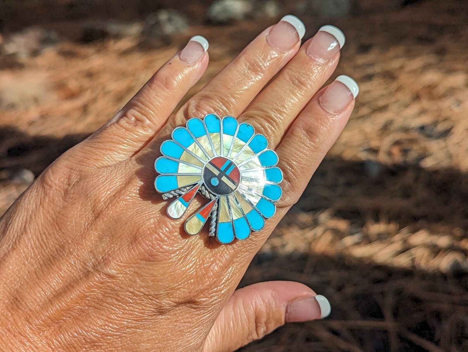 Zuni Ring Native American Sterling Silver Turquoise Sun face Kachina sz 6.5US