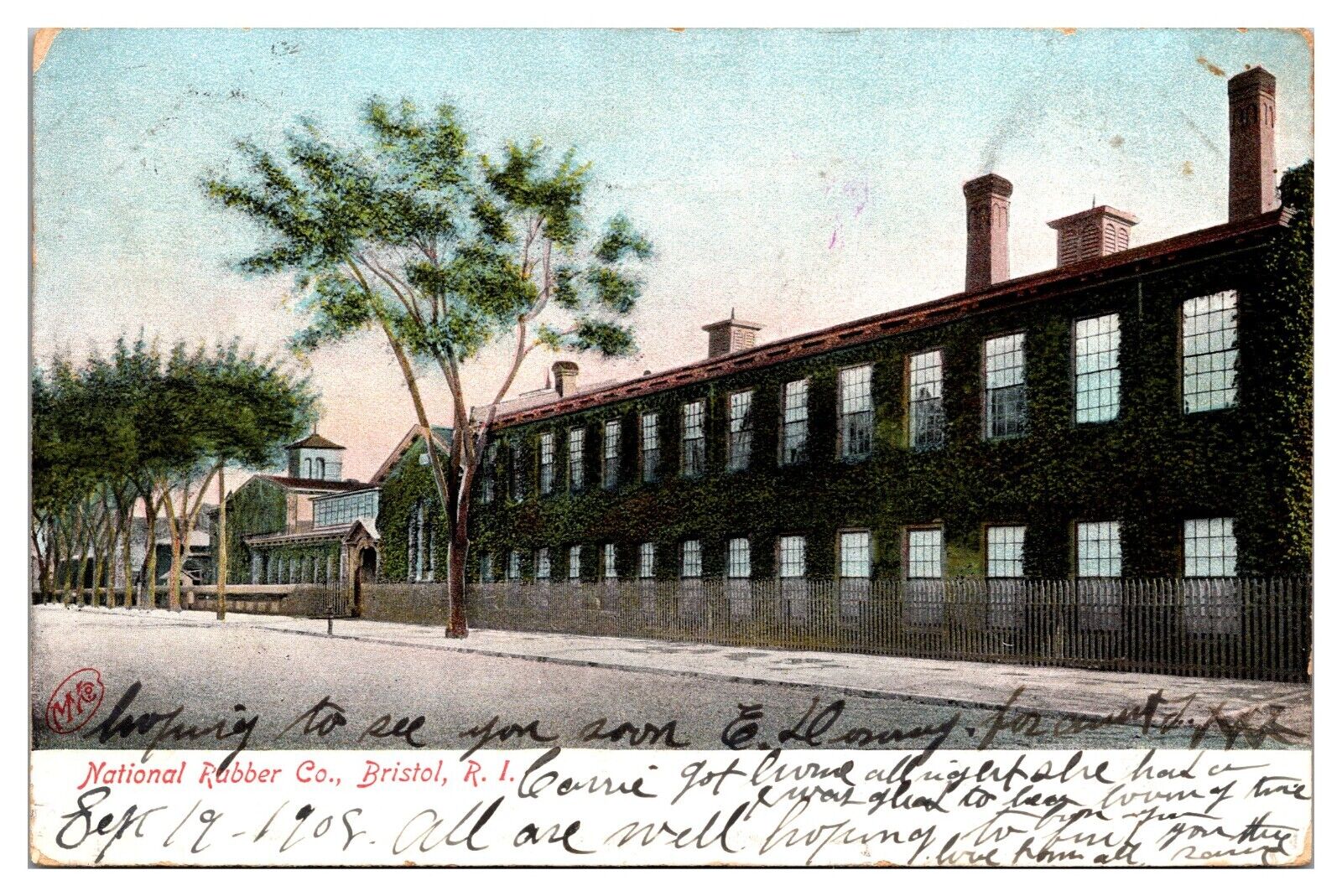 1908 National Rubber Co, Factory, Bristol, RI  Postcard