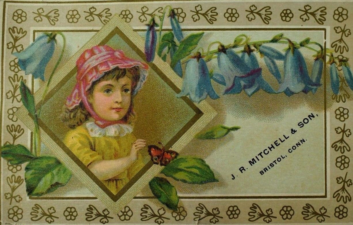 1870's-80's J. R Mitchell & Son Dry Goods Girl Butterfly Blue-Bell Flowers *G