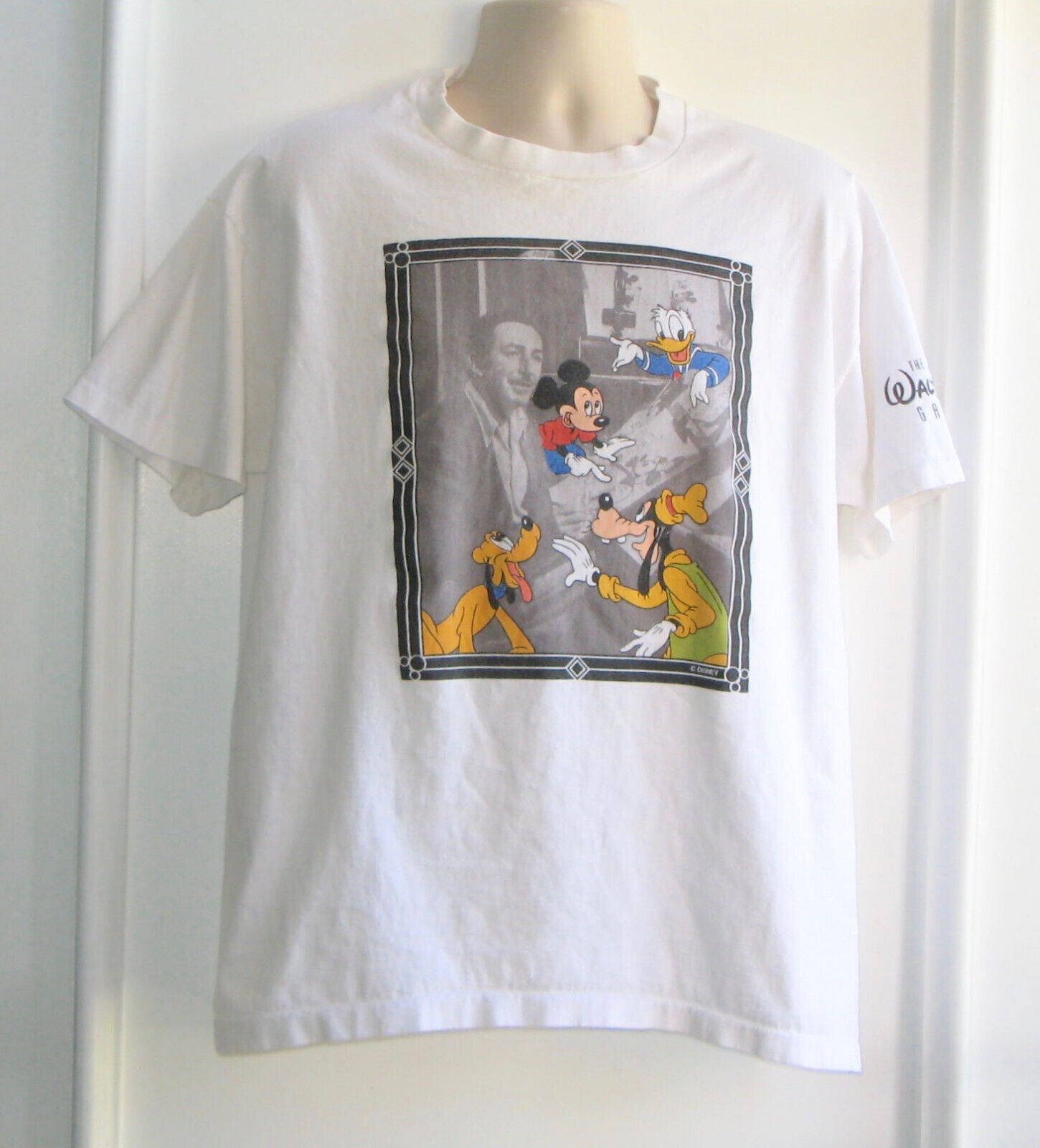 Vtg Walt Disney Gallery Graphic T-Shirt, Portrait of Walt, Mickey Etc, White, XL