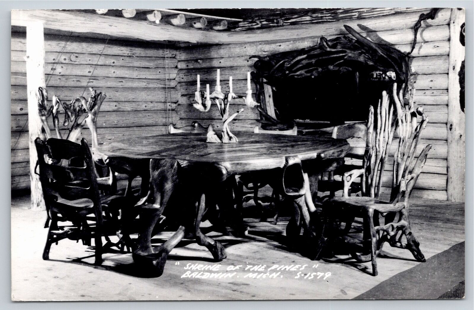 RPPC~Baldwin Michigan~Interior Of Shrine Of The Pines Cabin~Real Photo Postcard