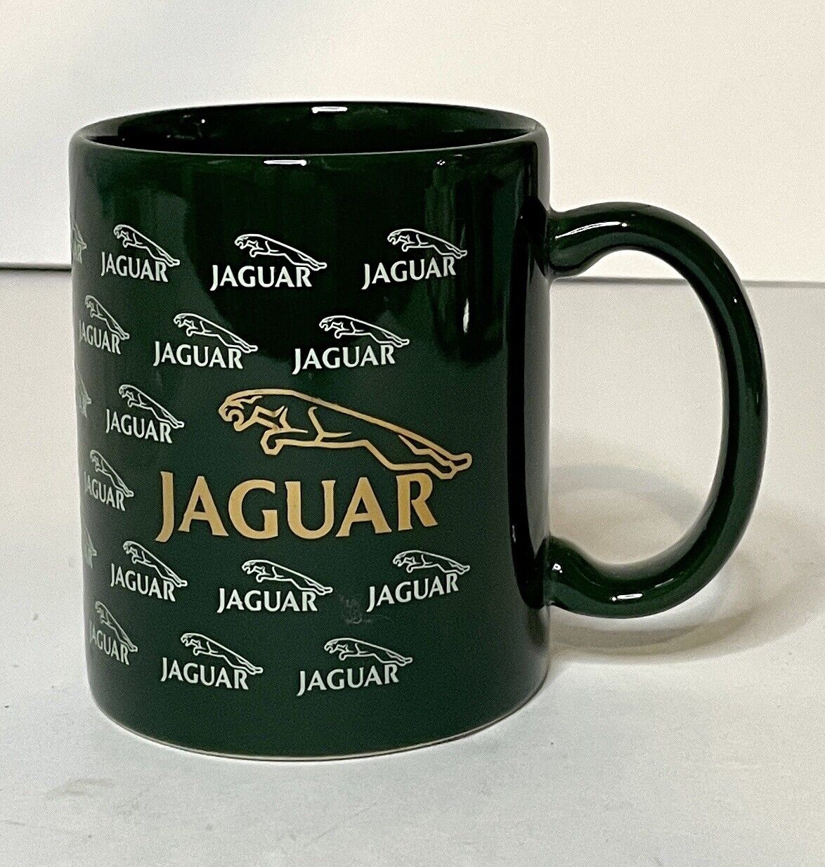 Vintage Jaguar Ceramic Coffee Mug Cup Forrest Green Gold Leaping Cat Logo Mug