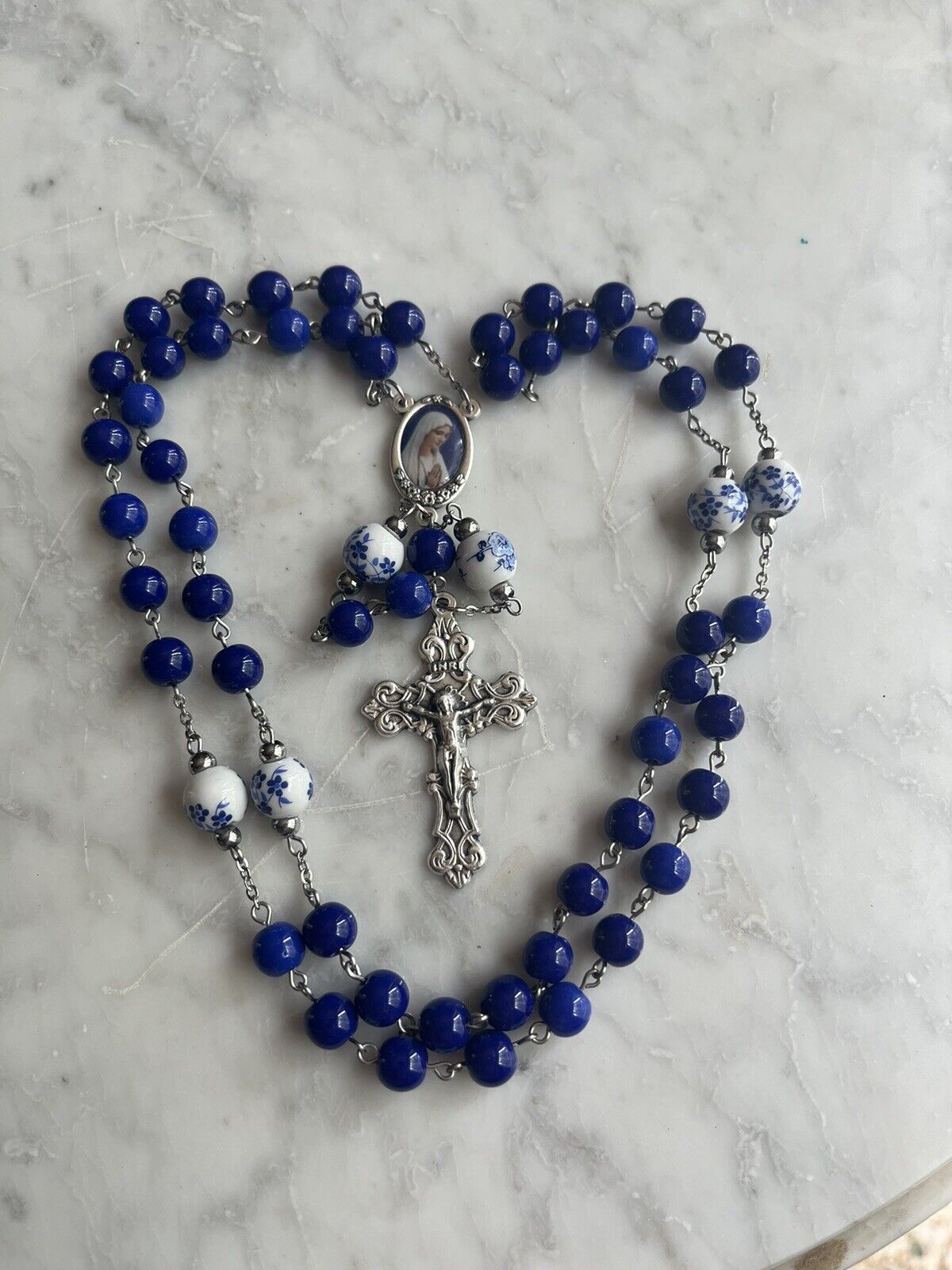 Handmade Fatima Dark Blue Glass/Floral Porcelain Rosary