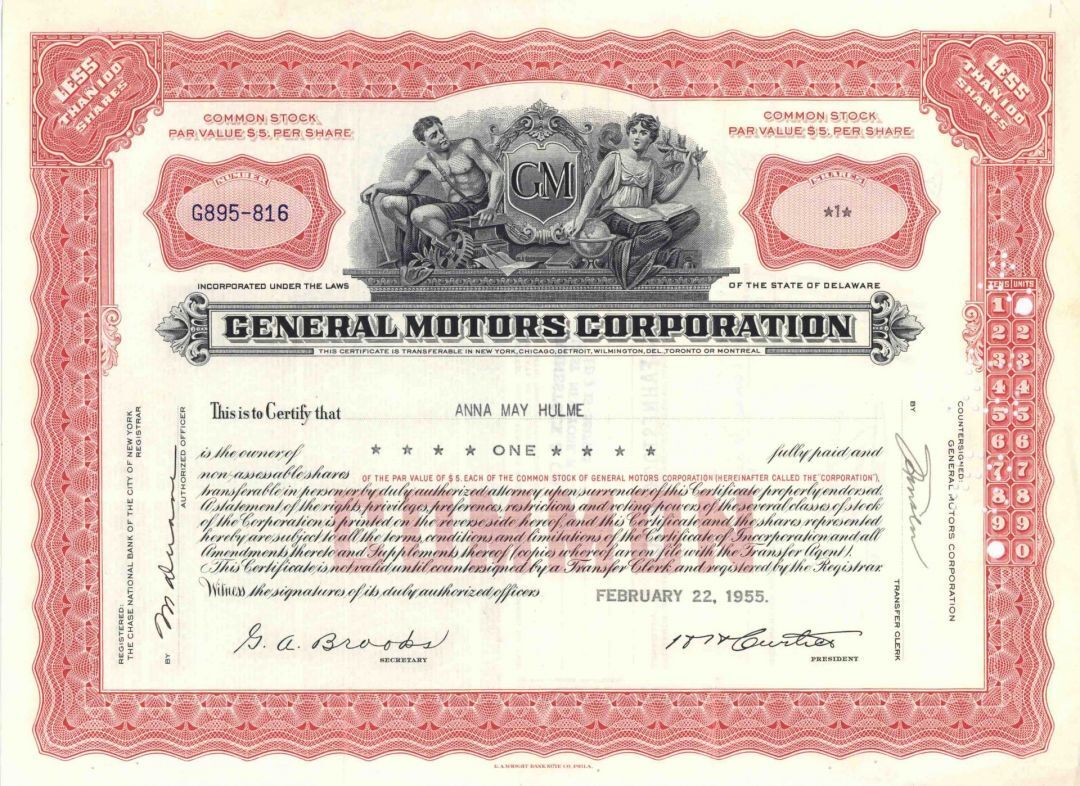 General Motors Corporation - 1950\'s dated Automotive Stock Certificate - Great C