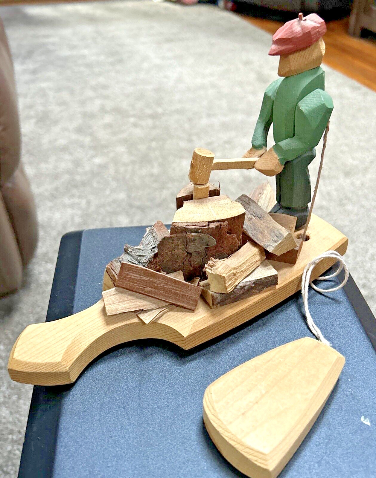 Vintage Hand Carved Wood MAN Chopping Wood Moving Toy Folk Art Signed