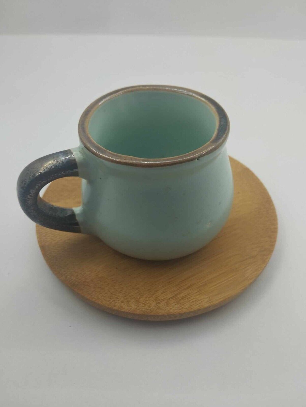 Mini coffee cup ceramic Turquoise color  with wooden cup saucer