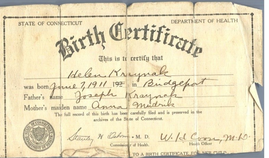 Antique 1911 Connecticut Sate Birth Name Helen Kraynak Registration Certificate