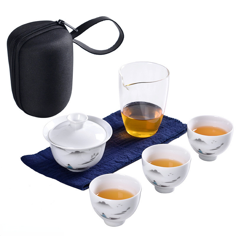 Portable Chinese Tea Set Porcelain Gaiwan Tea Cup Glass Pitcher Bag Set 