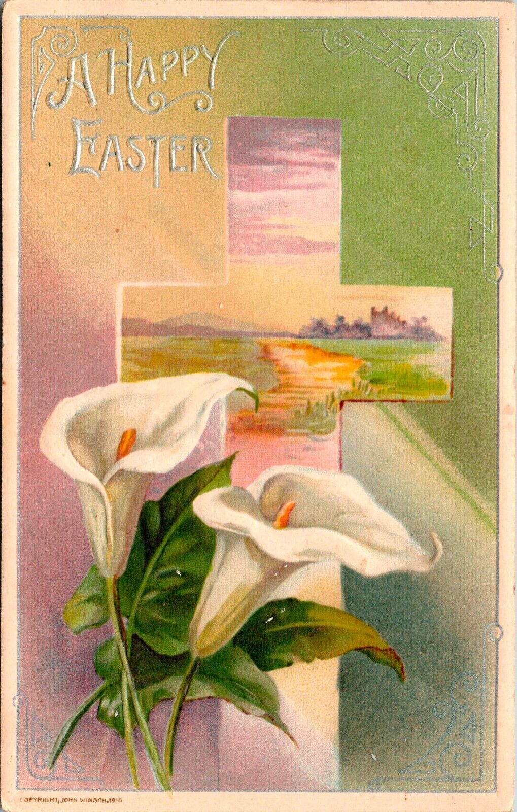 Vintage John Winsch Easter Lillies Flower, Christian Cross, Landscape Postcard