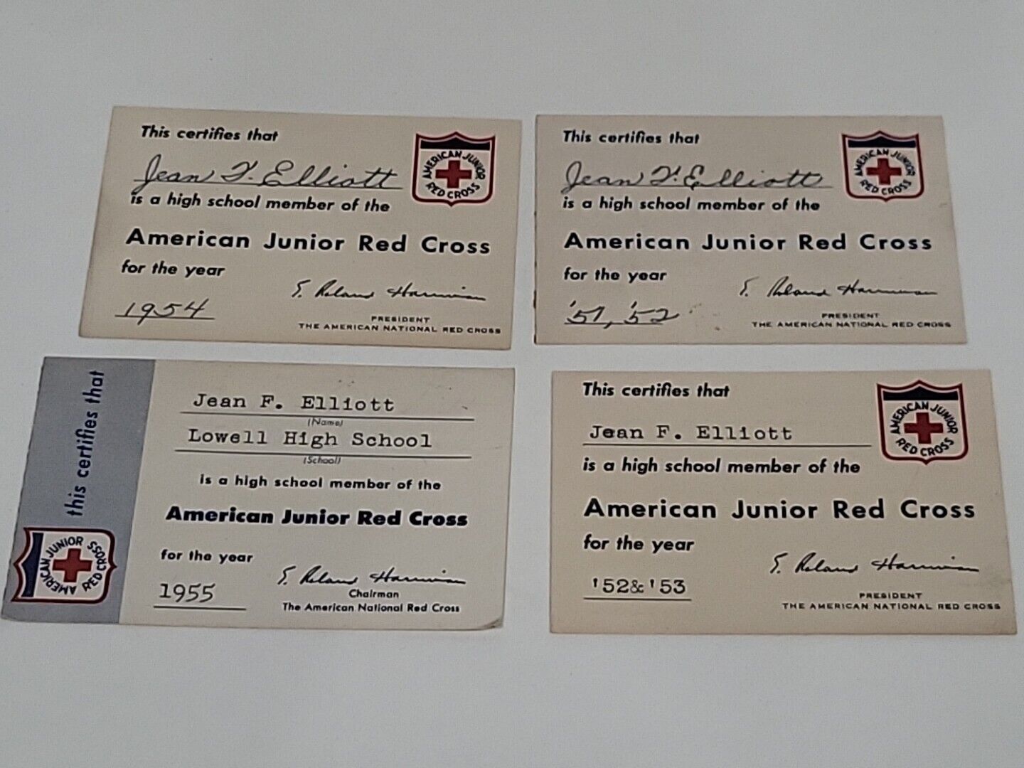 Lot (4) 1950\'s American Junior Red Cross Membership Cards Signed Lowell, MA
