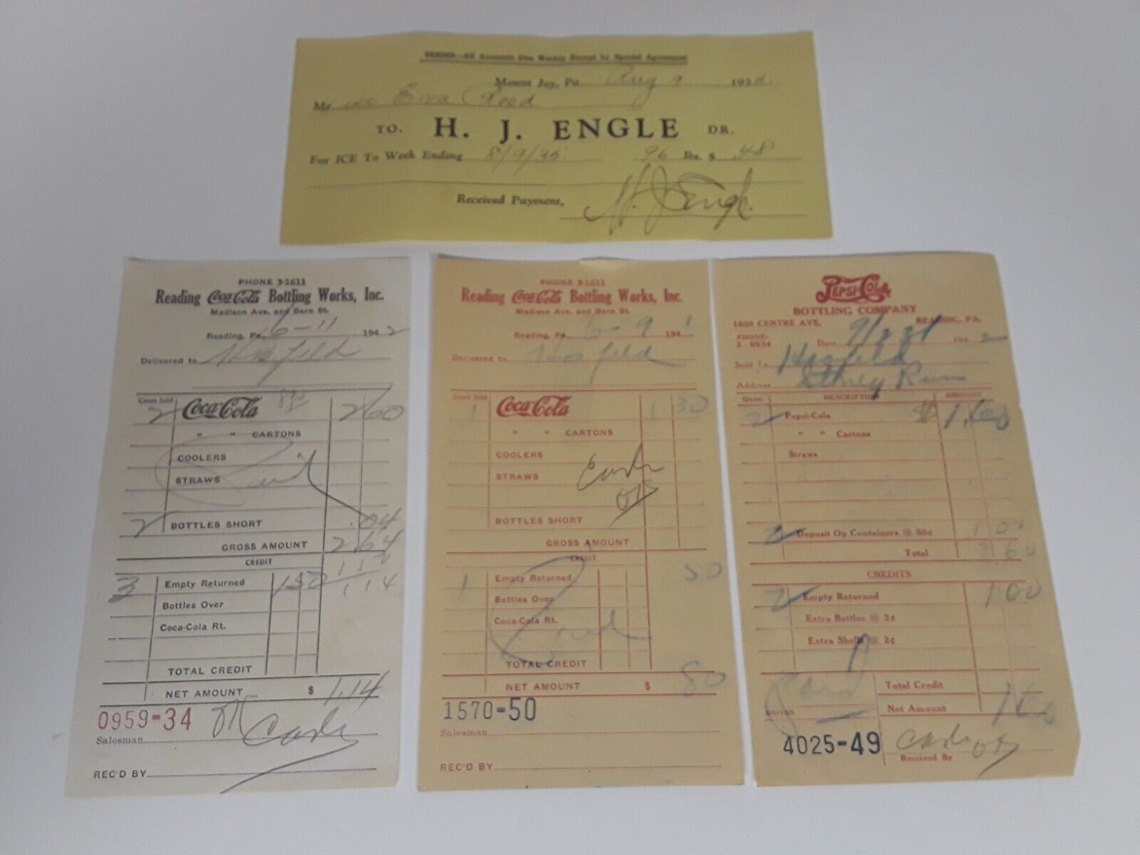 Vintage Coca-Cola PEPSI Sales ICE Receipt From Reading PA 1940s