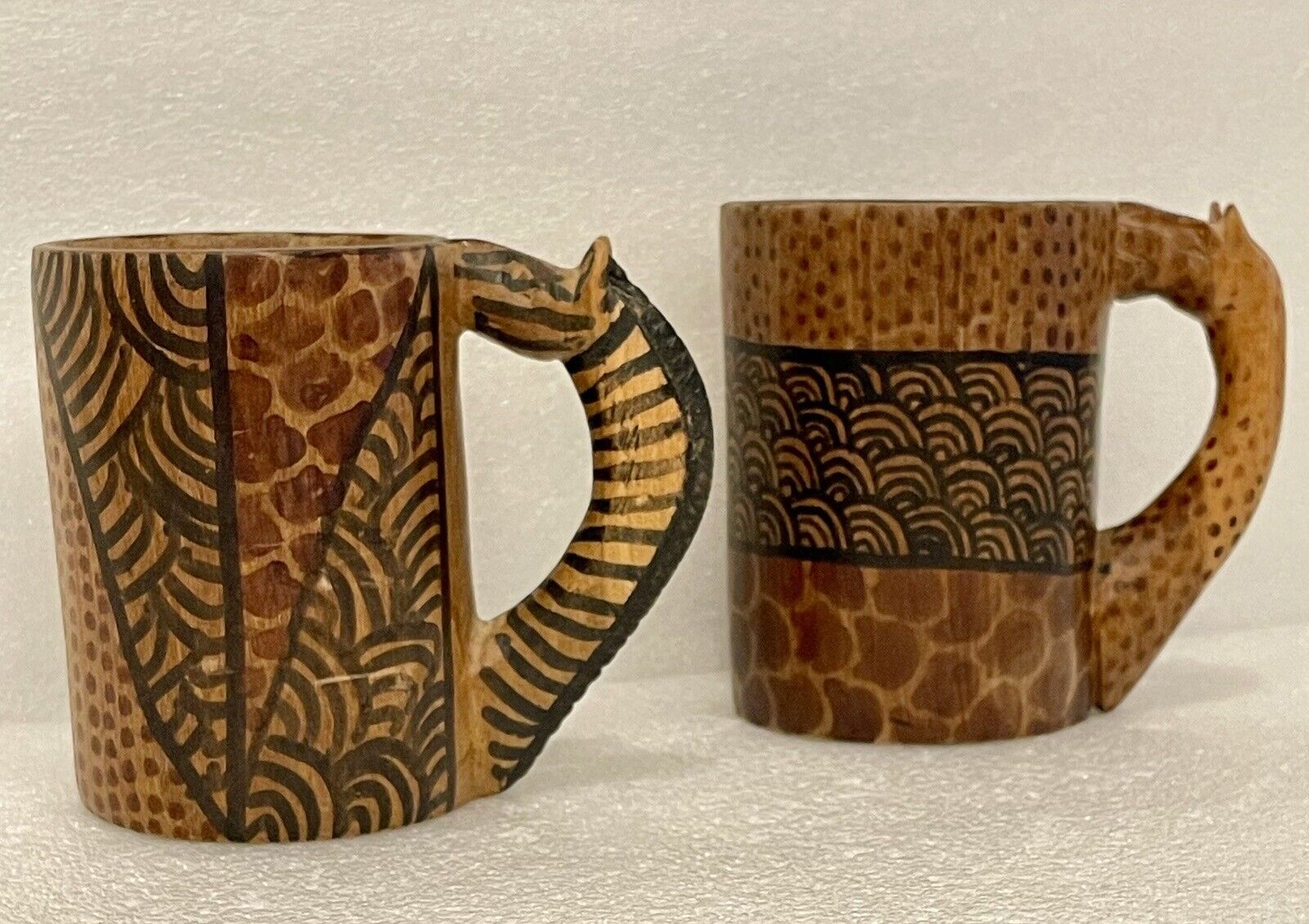 Two Wood Mugs From Carroll O’Conner Archie Bunker Estate Hand Carved Africa
