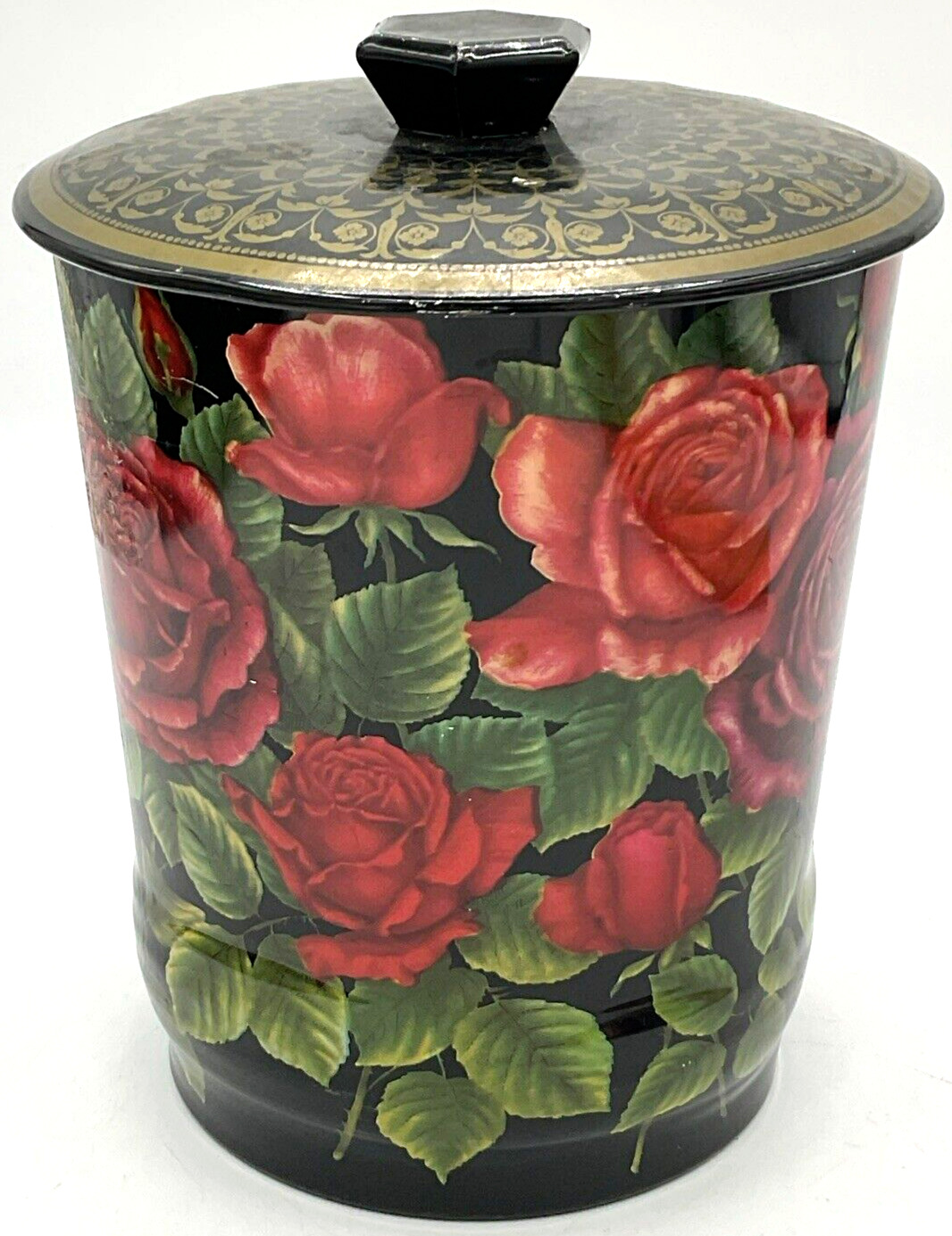 Vintage Red Cabbage Rose Biscuit Cookie Trinket Tin Lid Pedestal Litho England