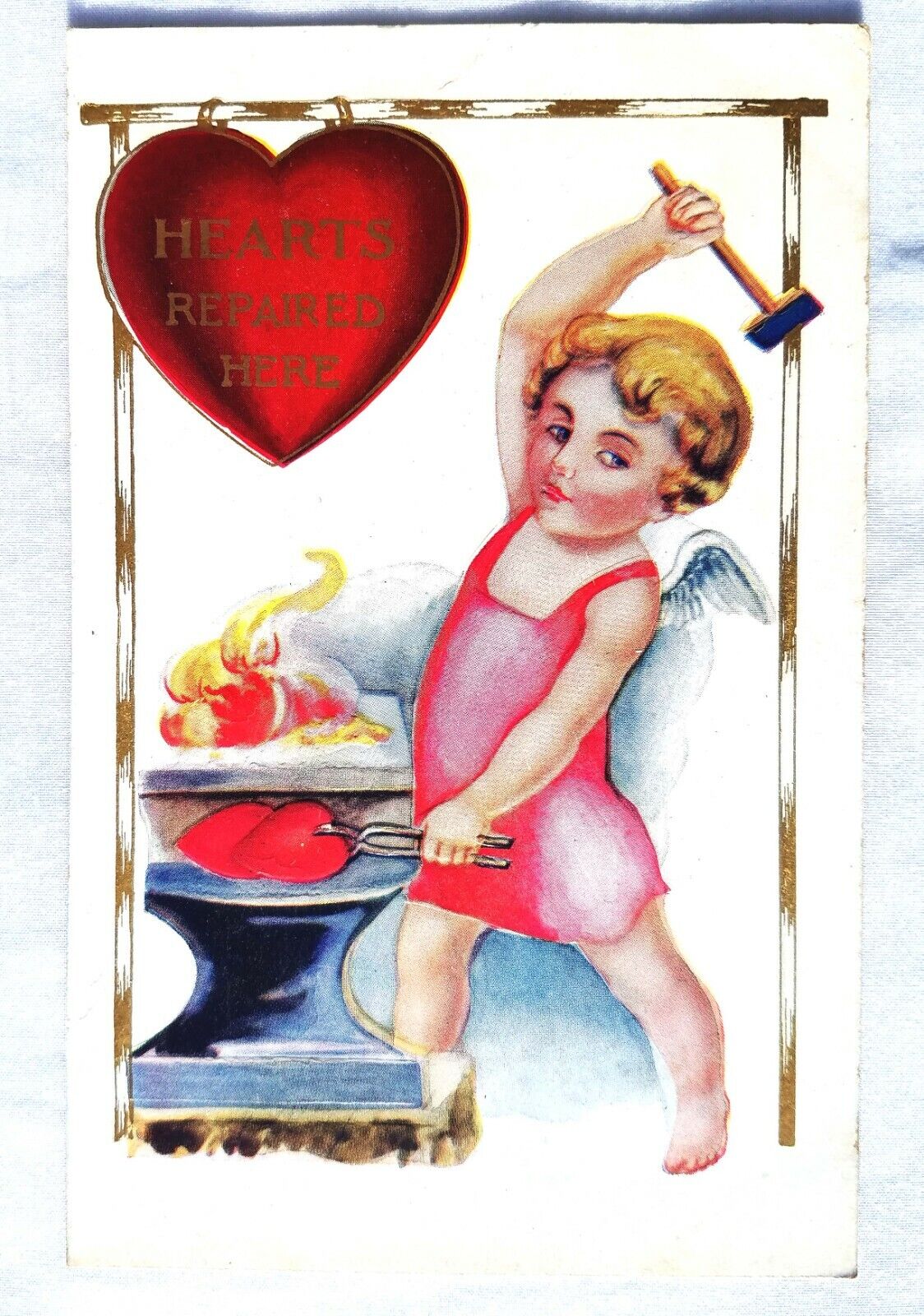  Vintage HEARTS REPAIRED HERE for Broken Hearts VALENTINES DAY Postcard Cupid