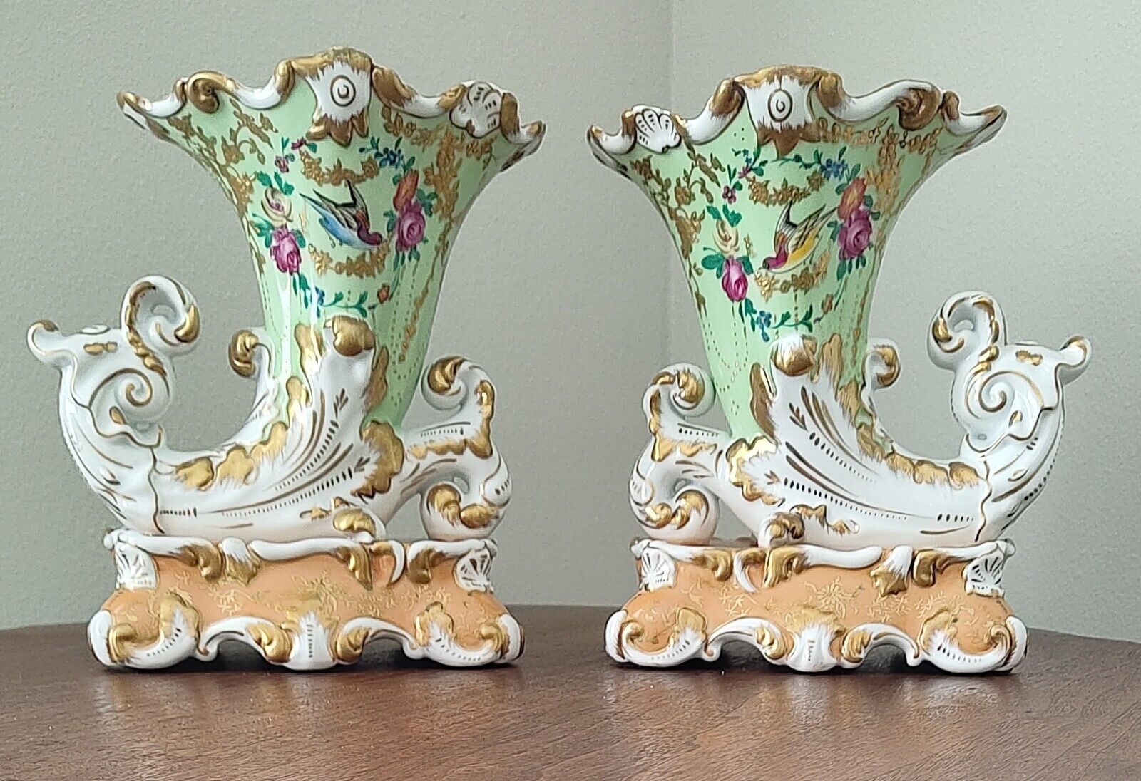 Gorgeous Pair (2) Green & Gilt Porcelain Cornucopia Vases Chelsea House