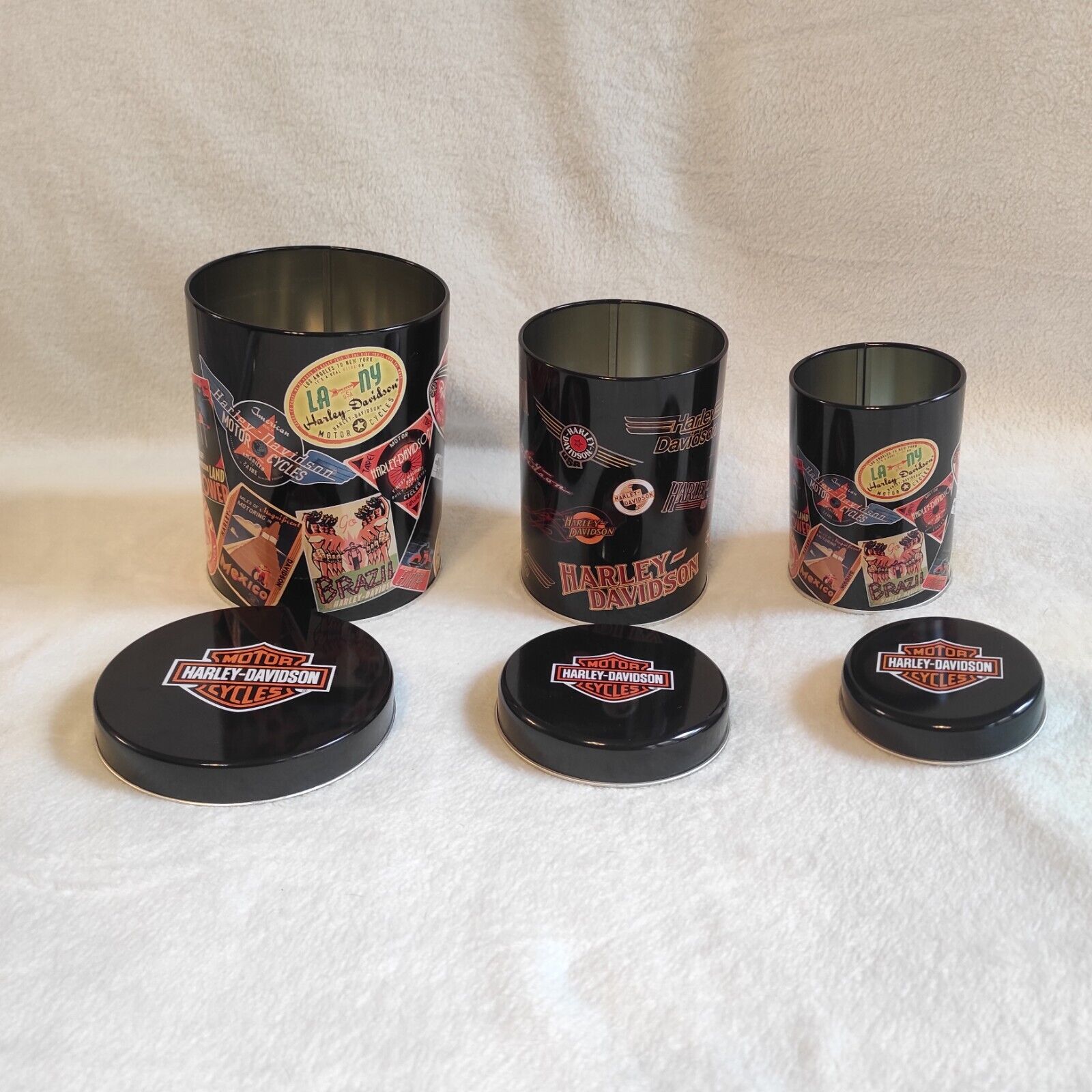 Harley Davidson Hallmark Official Vintage Collectible 3 Set Cylinder Tin Can