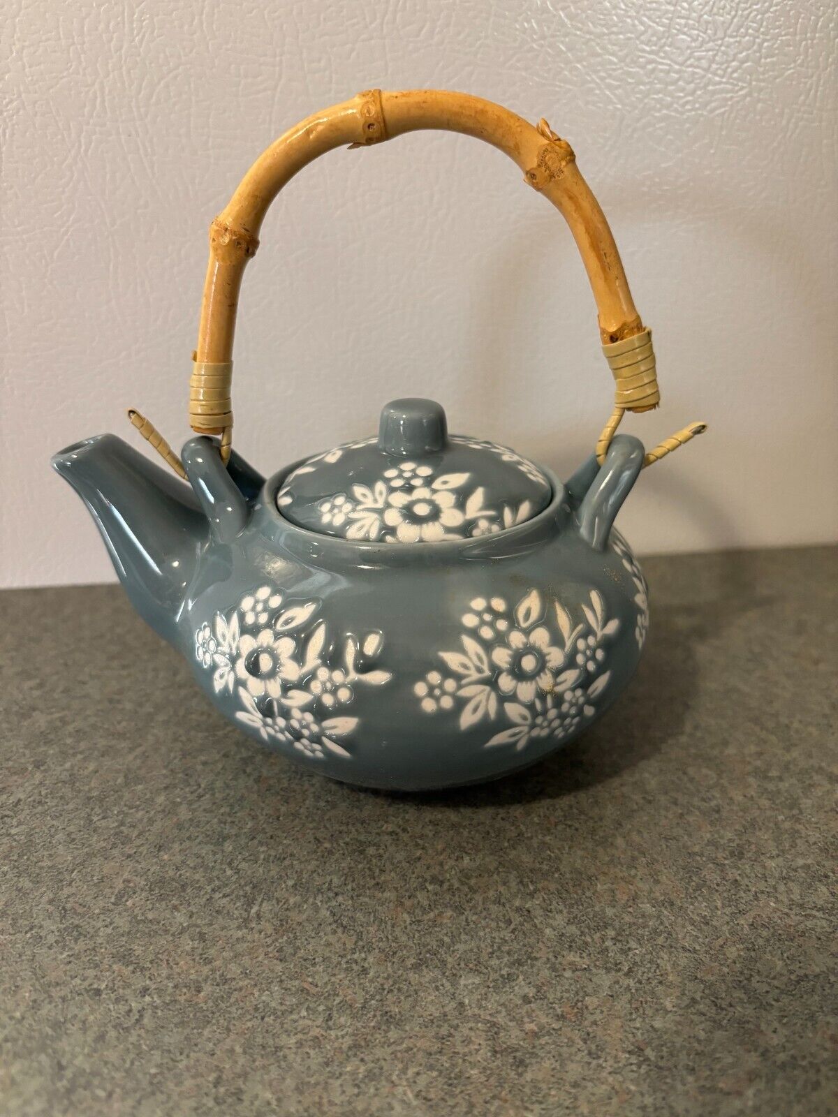 Vintage Blue Gray Teapot With Bamboo Handle Never Used Excellent Condition