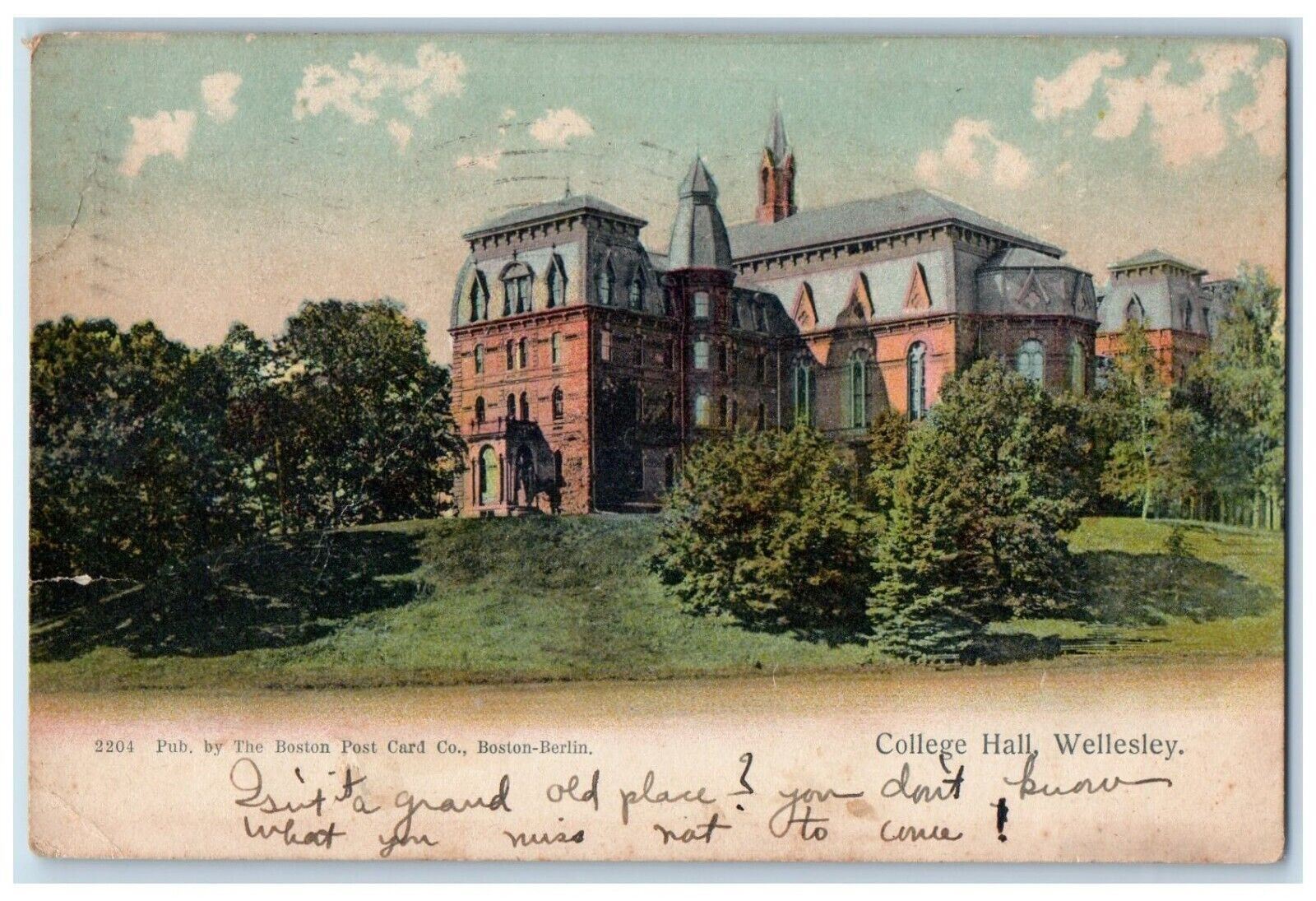 1909 College Hall Building Wellesley Massachusetts MA Posted Antique Postcard