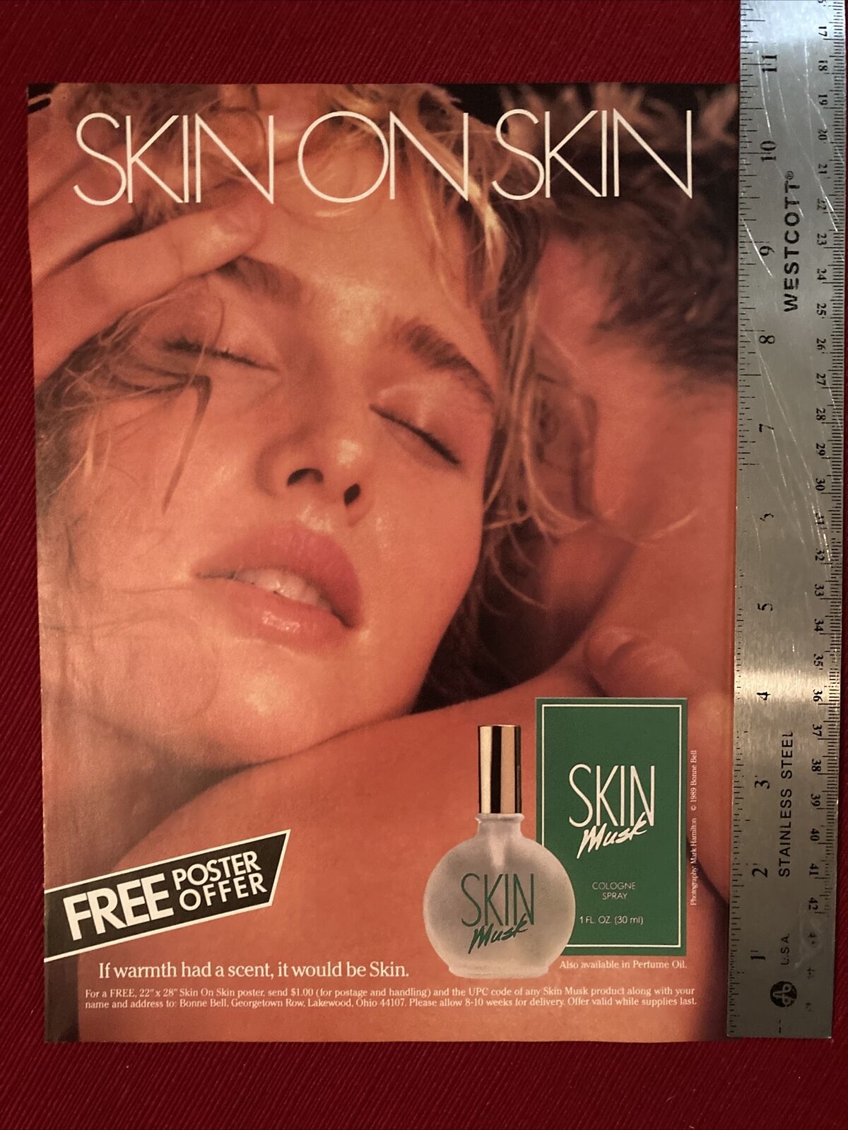 Skin Musk Women’s Fragrance Embracing Couple 1989 Print Ad