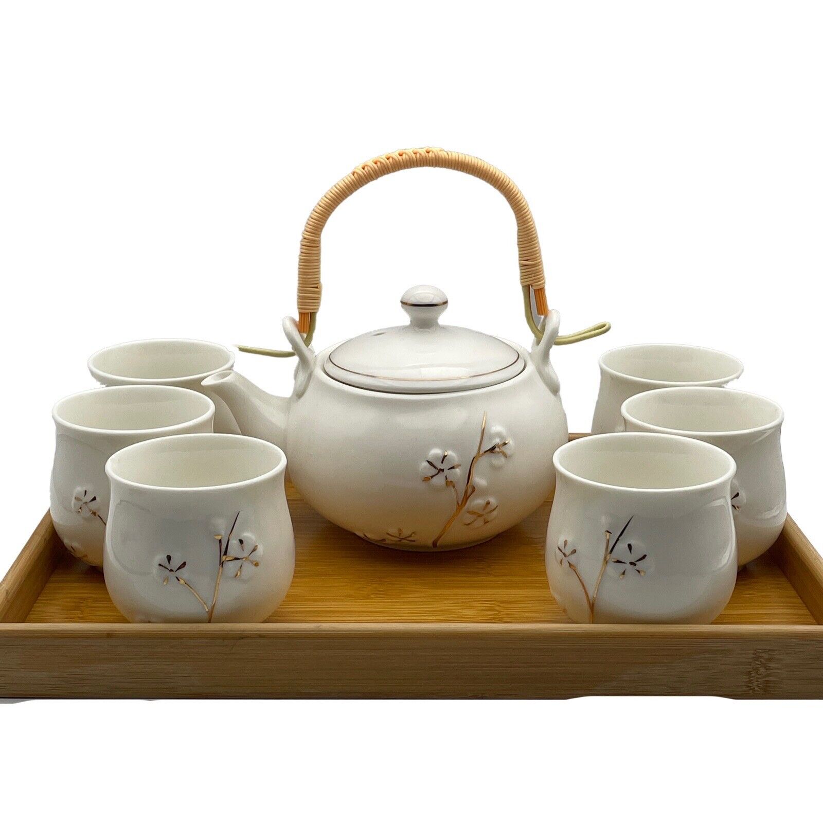 Dujust Japanese Tea Set White Pussy Willow Porcelain with 1 Teapot 6 Tea Cups