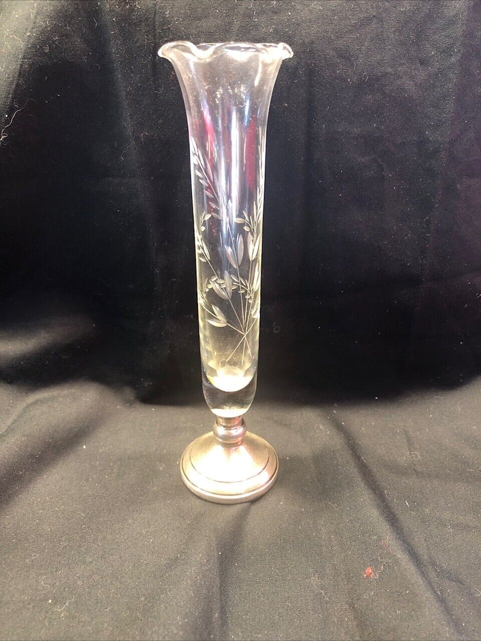 Vintage Silver weighted Etched Glass Clear Vase Wheat Pattern Fluted top 7 in