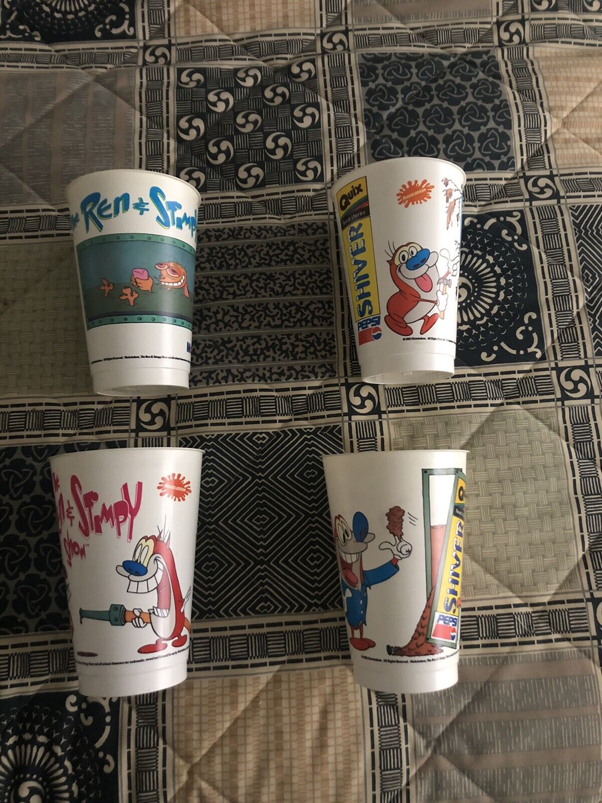 Vintage 4x Ren & Stimpy Pepsi Shiver Cups Quix Food Stores Mobil Promotional