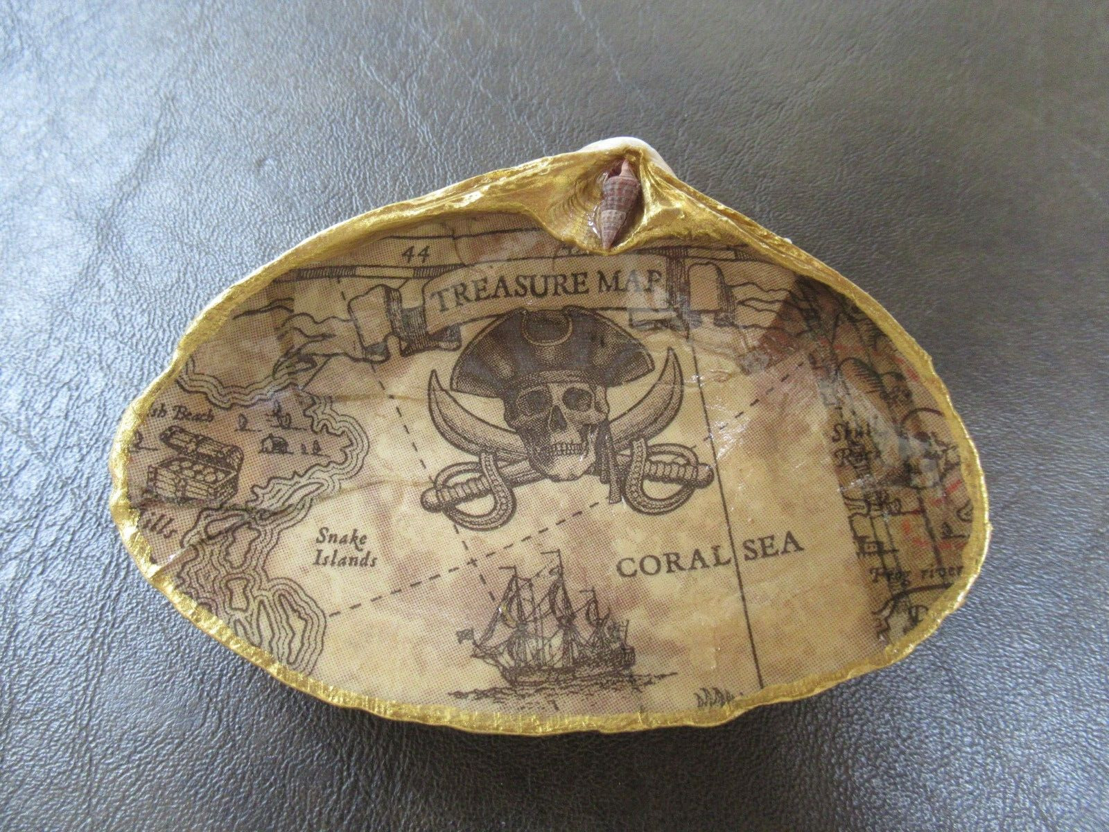 Decoupaged Seashell  Pirates Treasure Map  Trinket Holder or Natural Display
