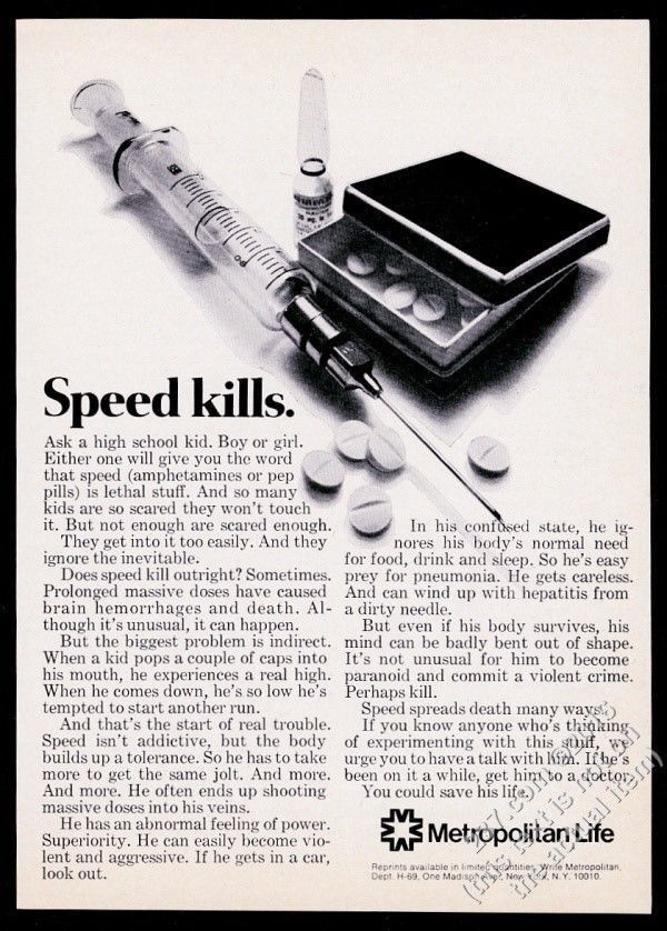 1969 Speed Kills needle syringe photo Met Life Insurance vintage print ad