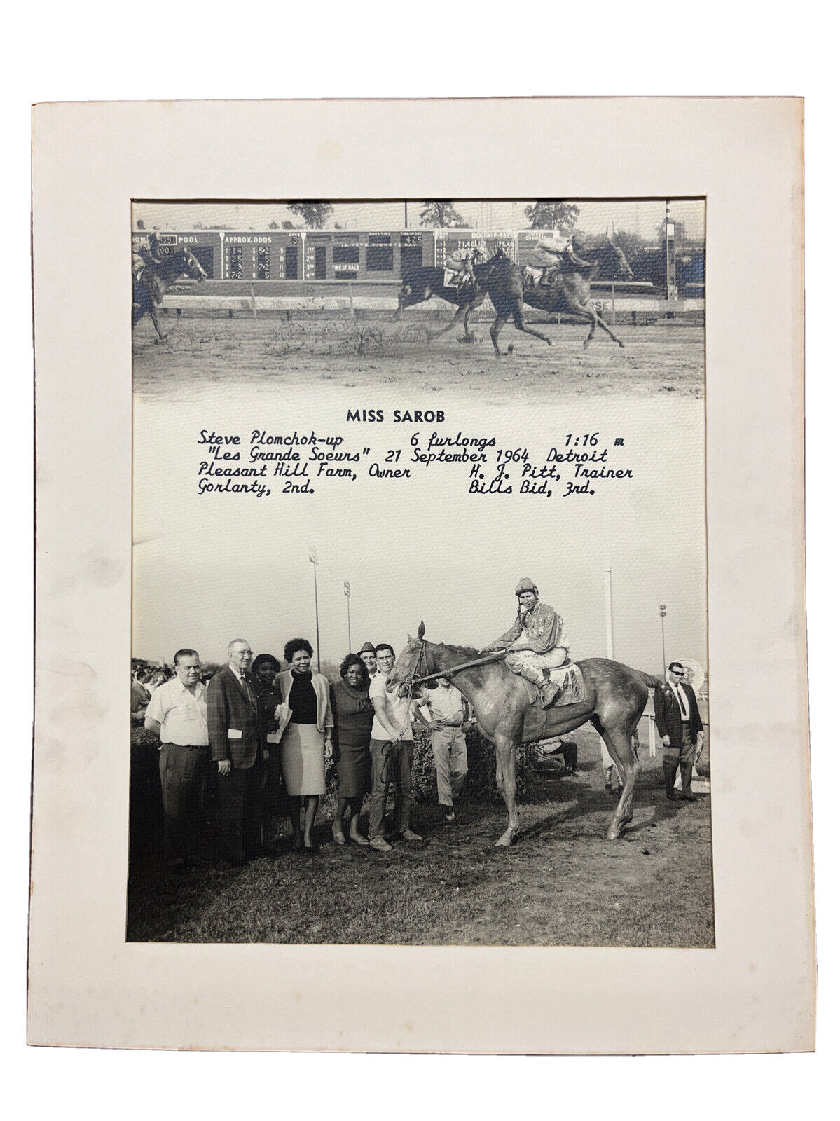 Rare Turfotos Horse Racing Sept 1964 “Miss Sarob” 11”x14” Mounted Photograph