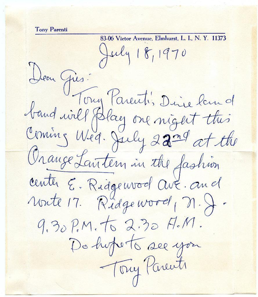 Tony Parenti Autographed Signed Hand Written Letter ALS JSA COA Jazz Clarinet