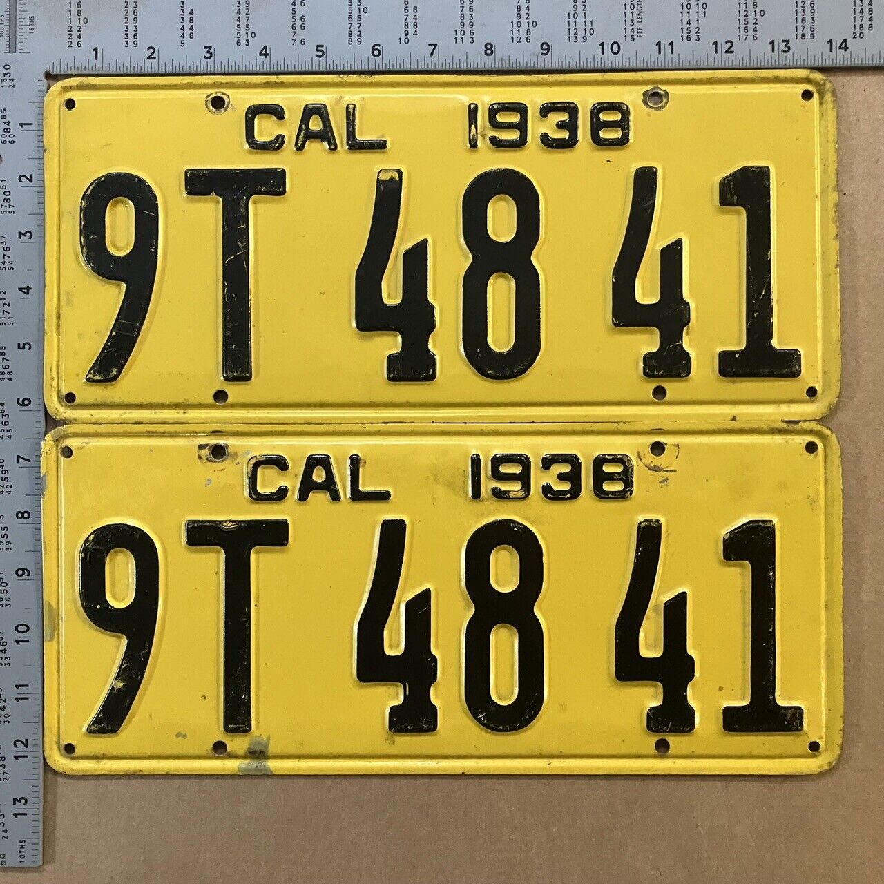 1938 California license plate pair 9T 48 41 YOM DMV Ford Chevy Dodge 15839
