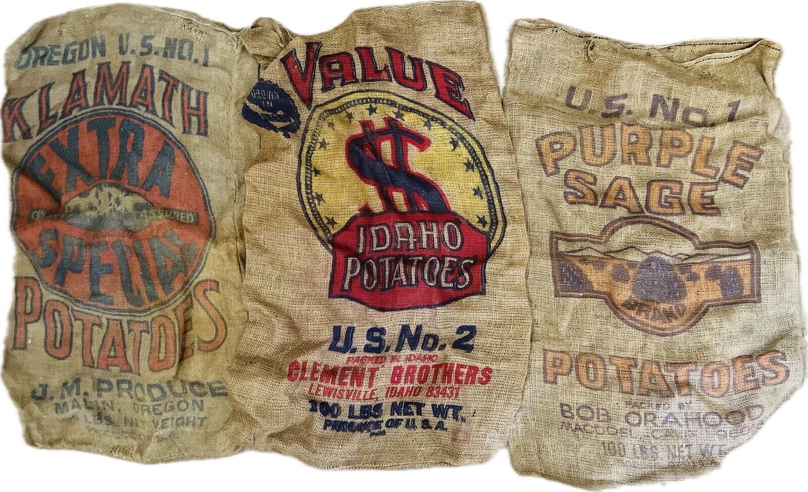 Vintage Burlap Potato Sack Bag, Purple Sage, Value Idaho, Klamath, Lot of 3