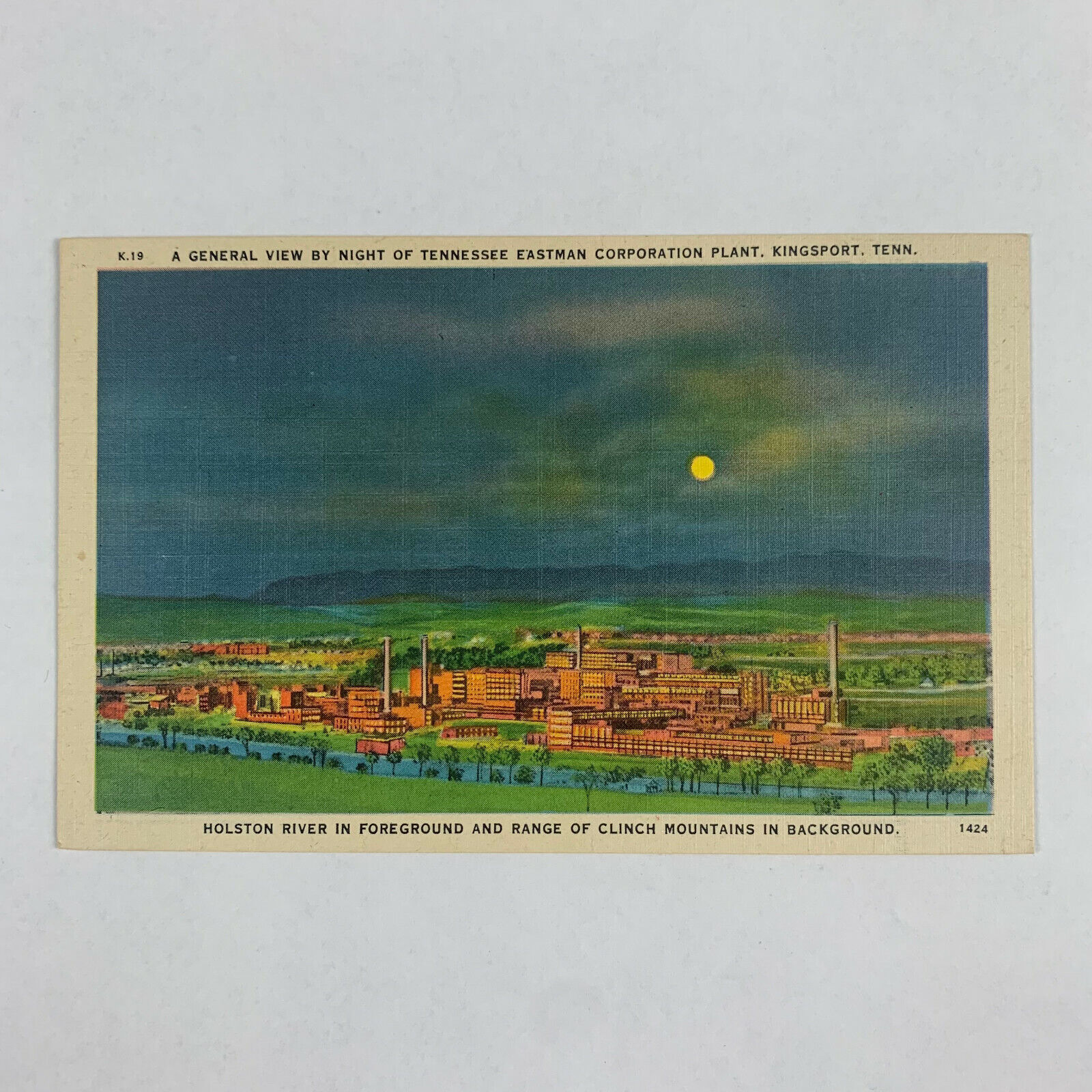 Postcard Tennessee Kingsport TN Holston River Eastman Plant Full Moon 1940s