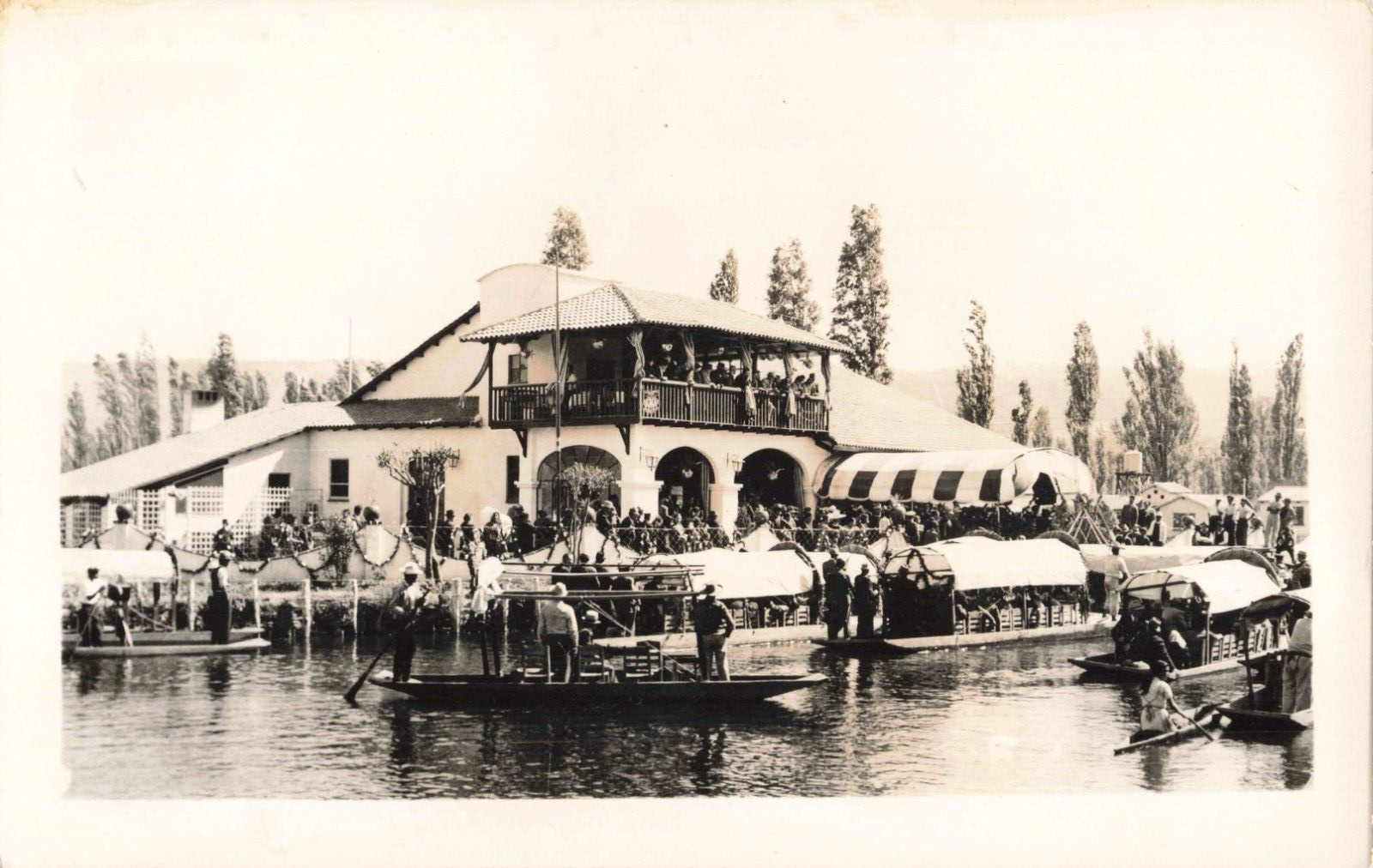 Xochimilco Mexico, Canal Tour Boats at Dock, Vintage RPPC Real Photo Postcard