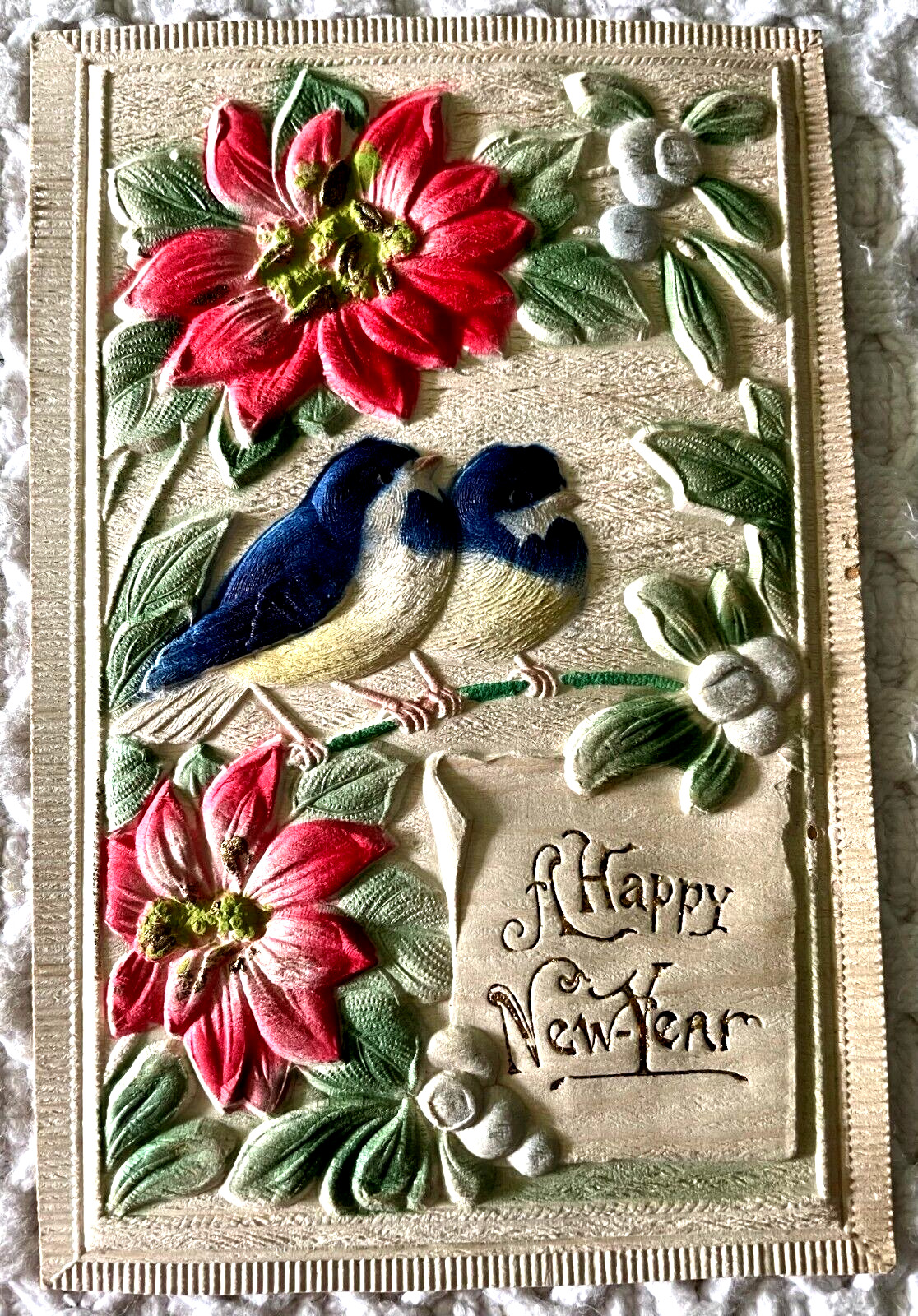Happy New Year Heavily Embossed Airbrushed Postcard Bluebirds and Flowers