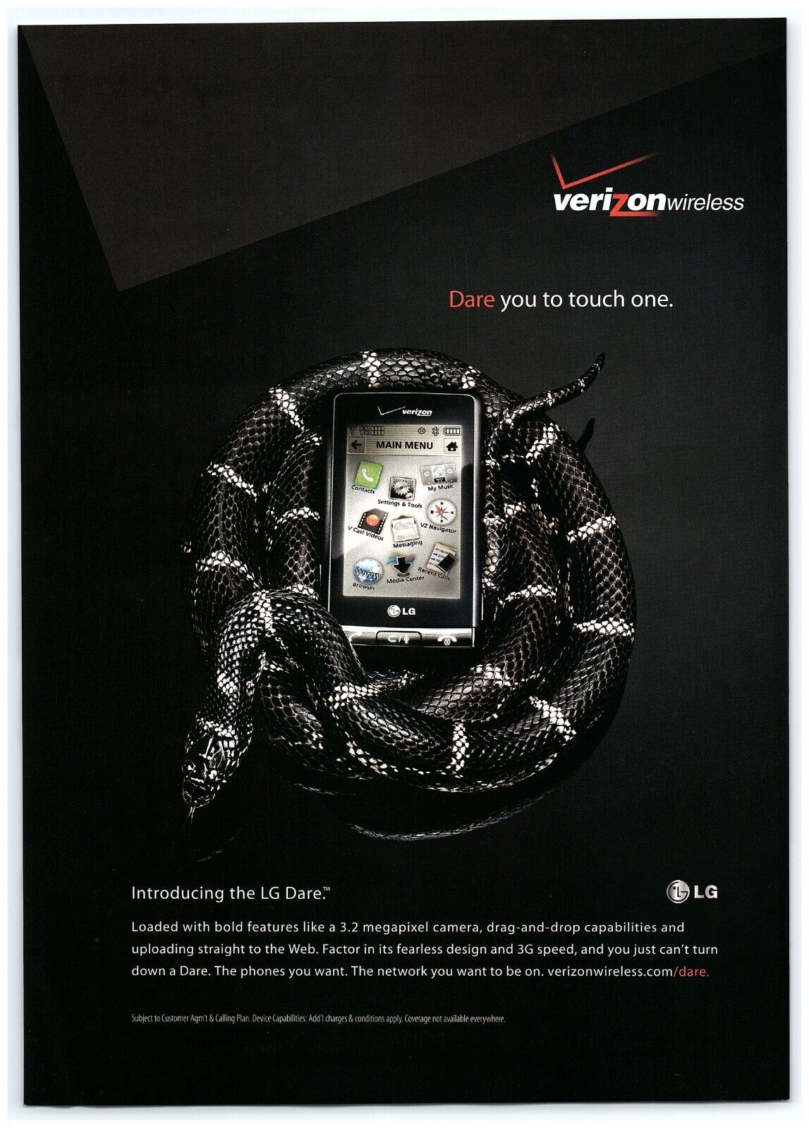 2008 Verizon Wireless Print Ad, LG Dare Smartphone Dare You To Touch One Snake